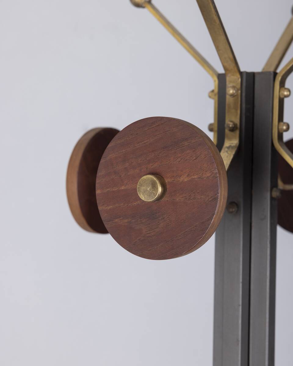 Vintage 1960s floor coat rack in black metal and wood, Italian design