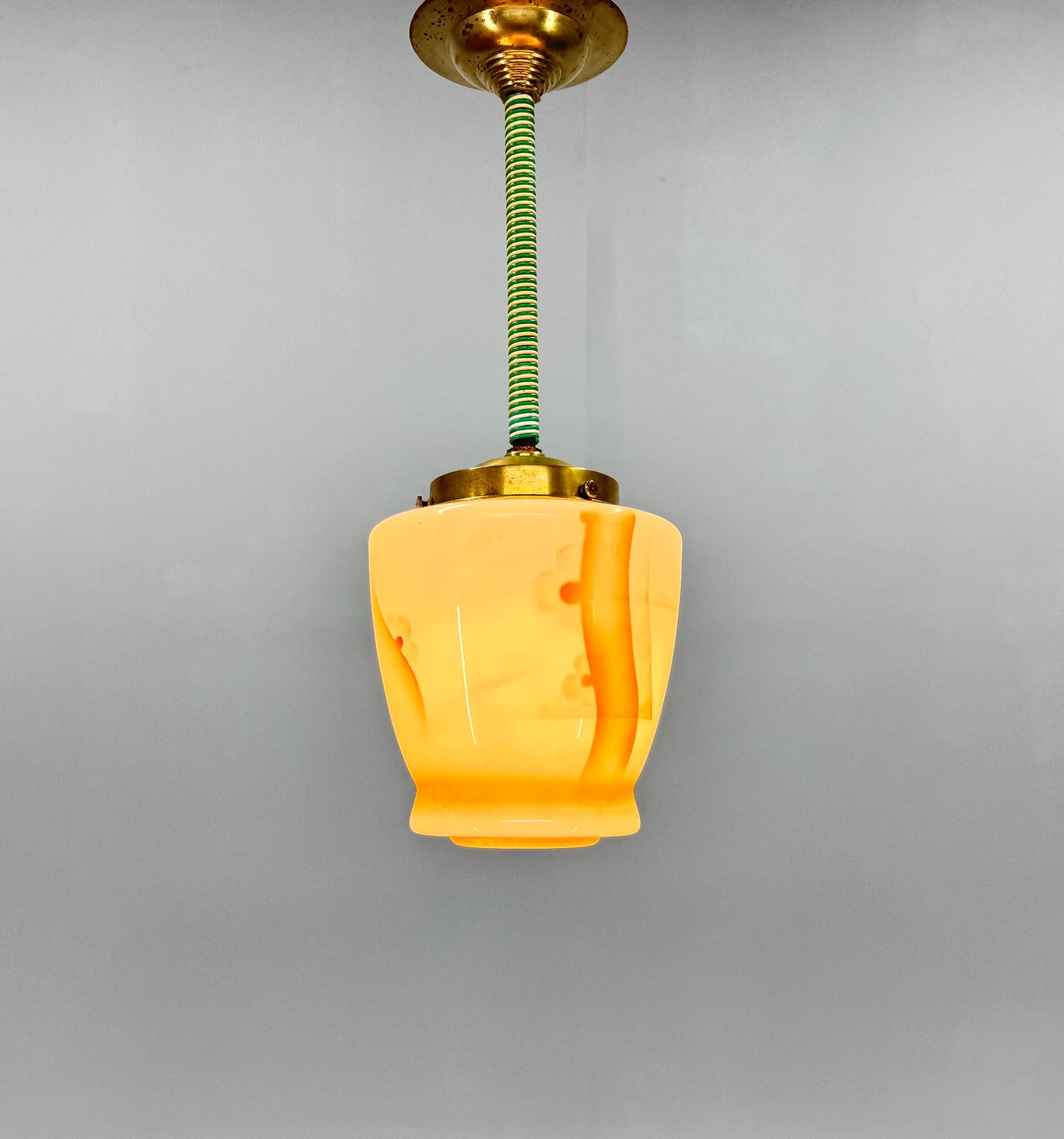 Small Art Deco Brass & Colored Glass Pendant Ligt, Germany 1930's, Restored