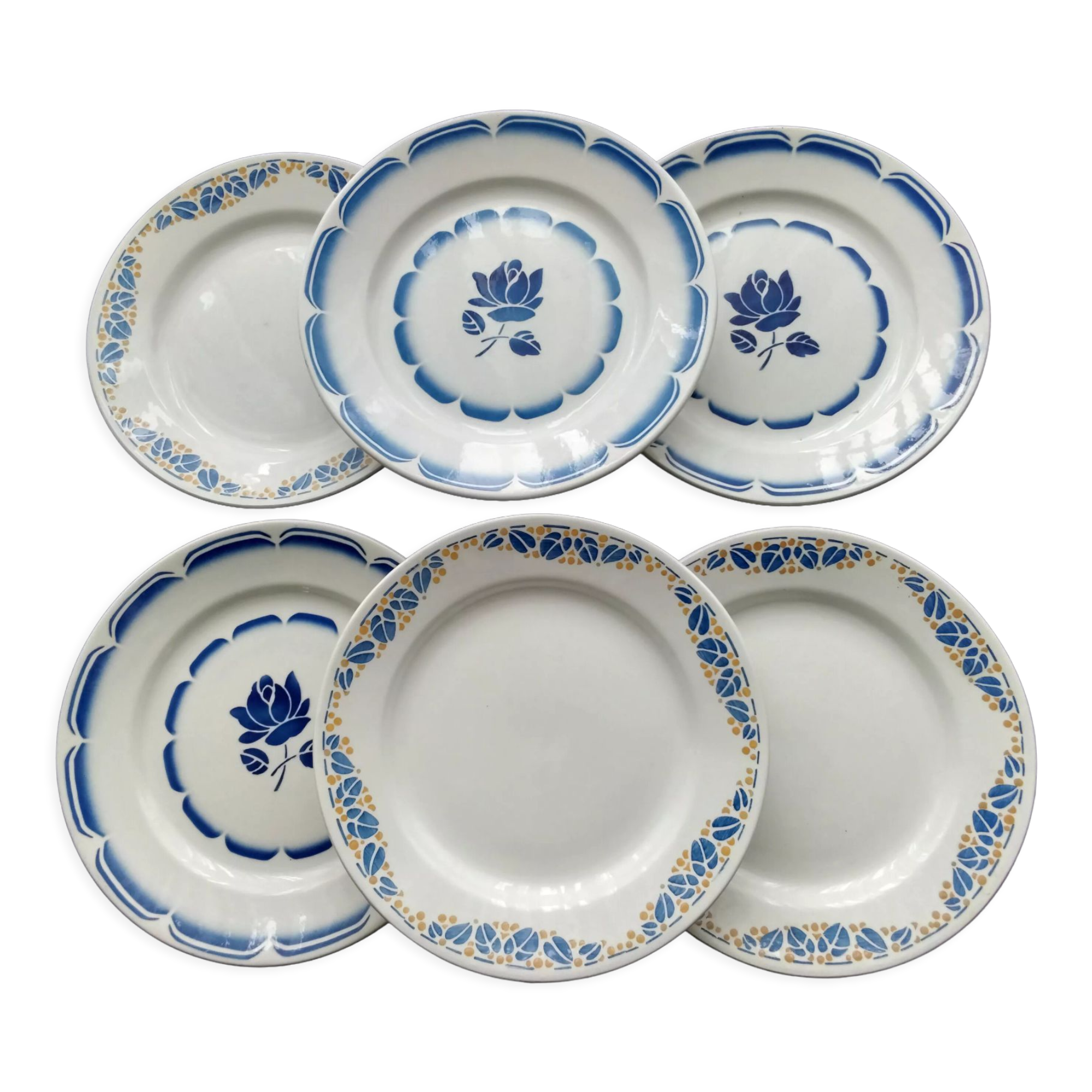 Set of 6 mismatched flat plates HBCM and Badonviller