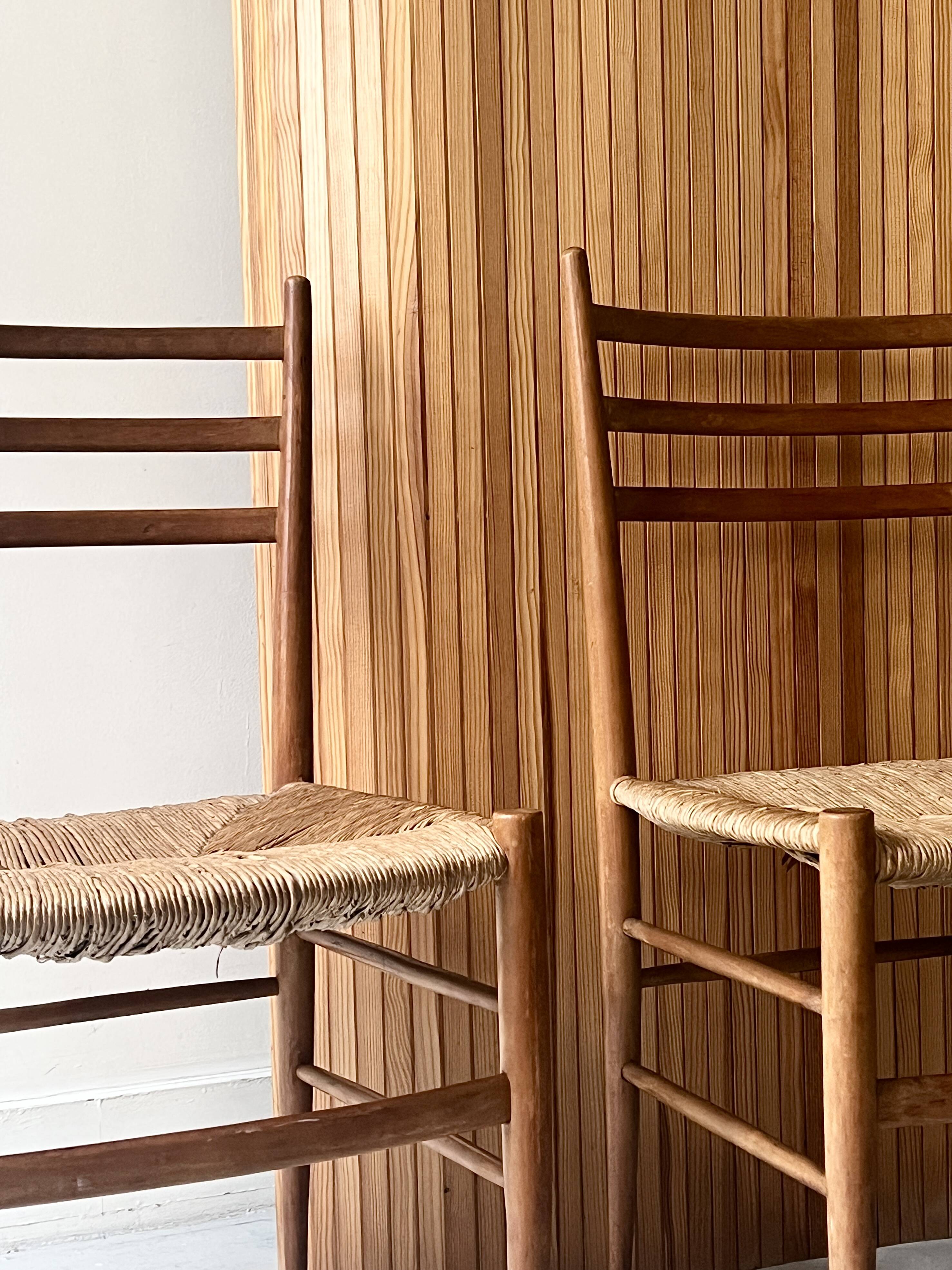 Set of 2 Italian chairs in wood and straw, Gio Ponti style 1950