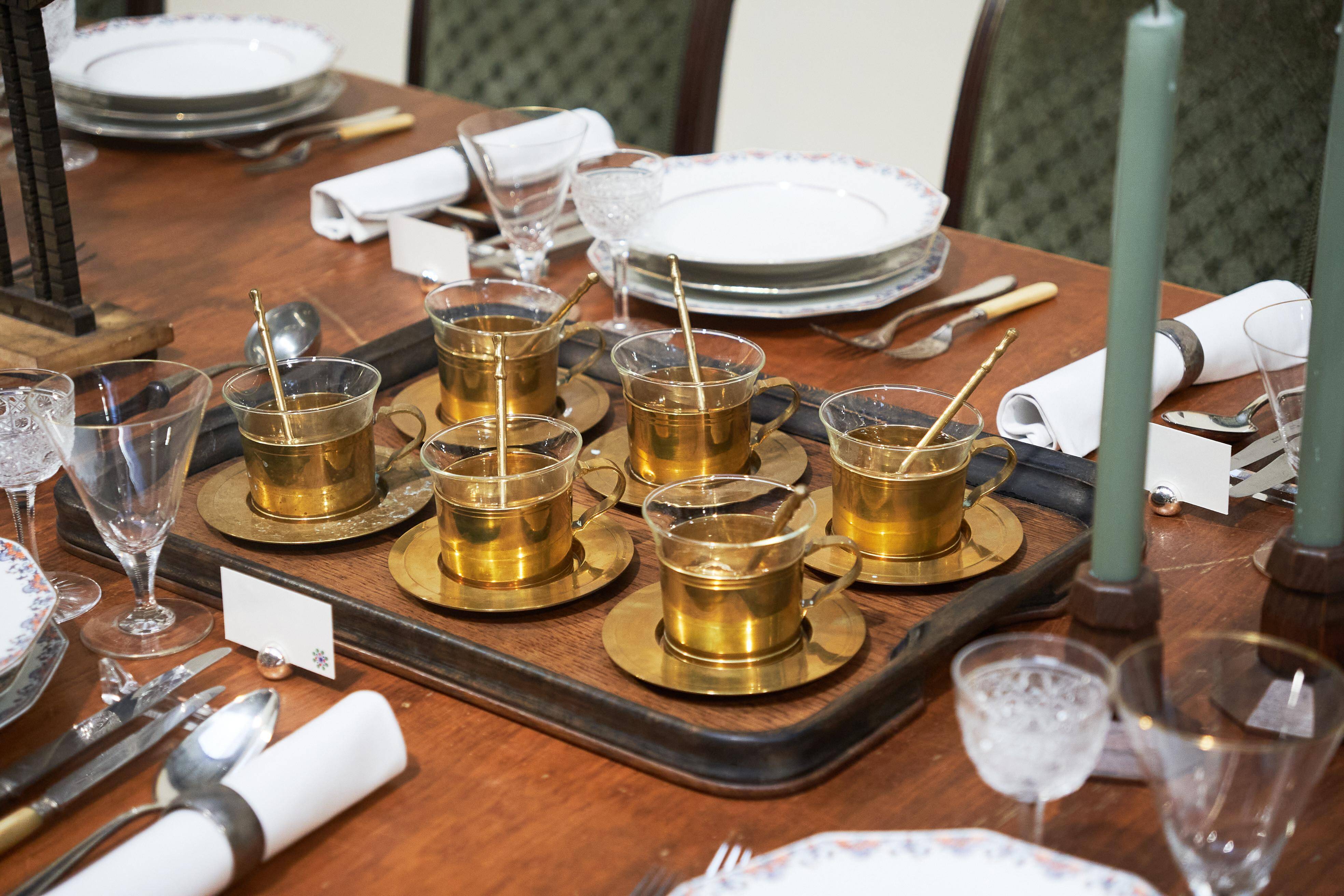 Mid-century tea service in patinated brass and glass