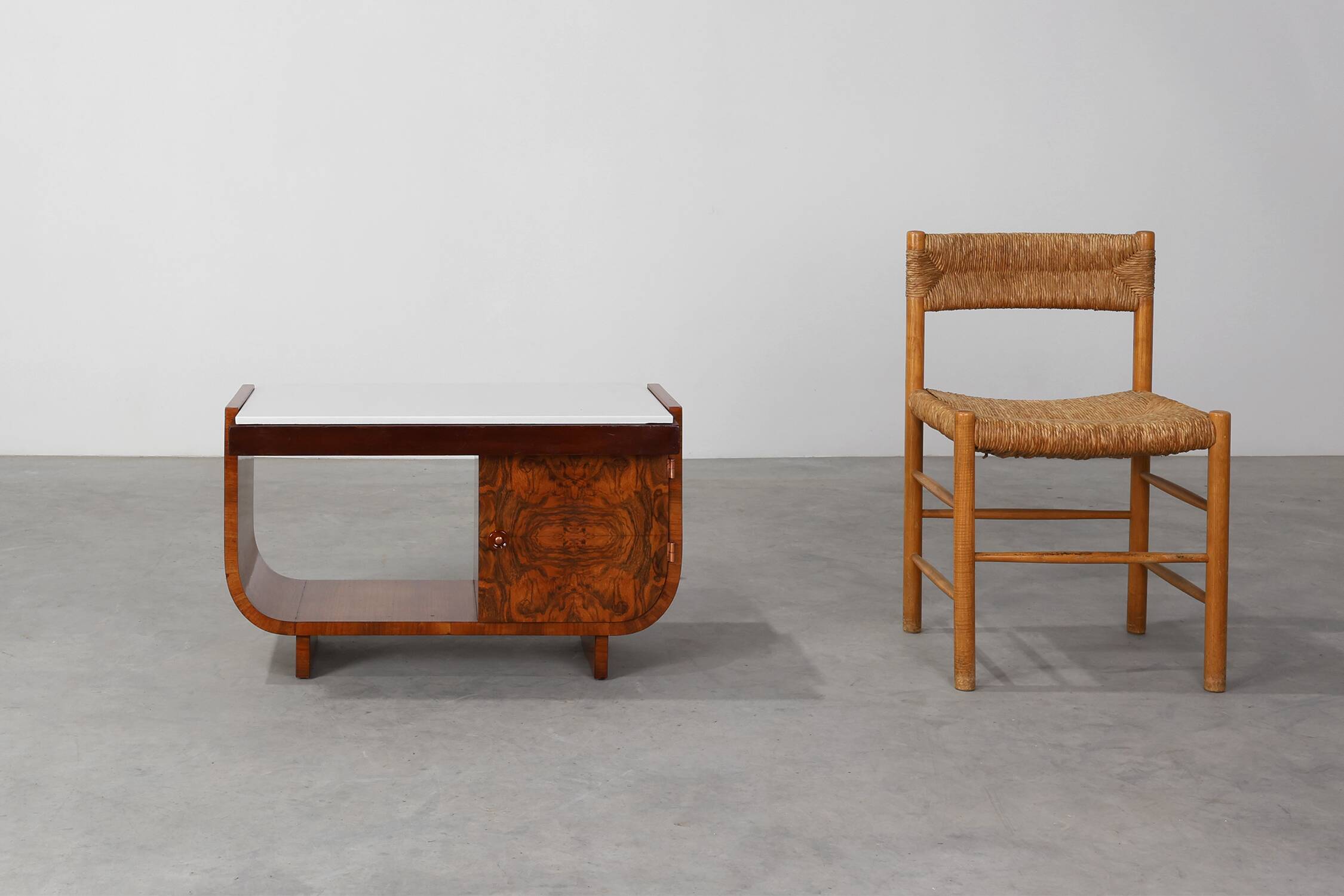 Belgian Art Deco Cabinet in Burl Veneer with Marble and Glass, circa 1930