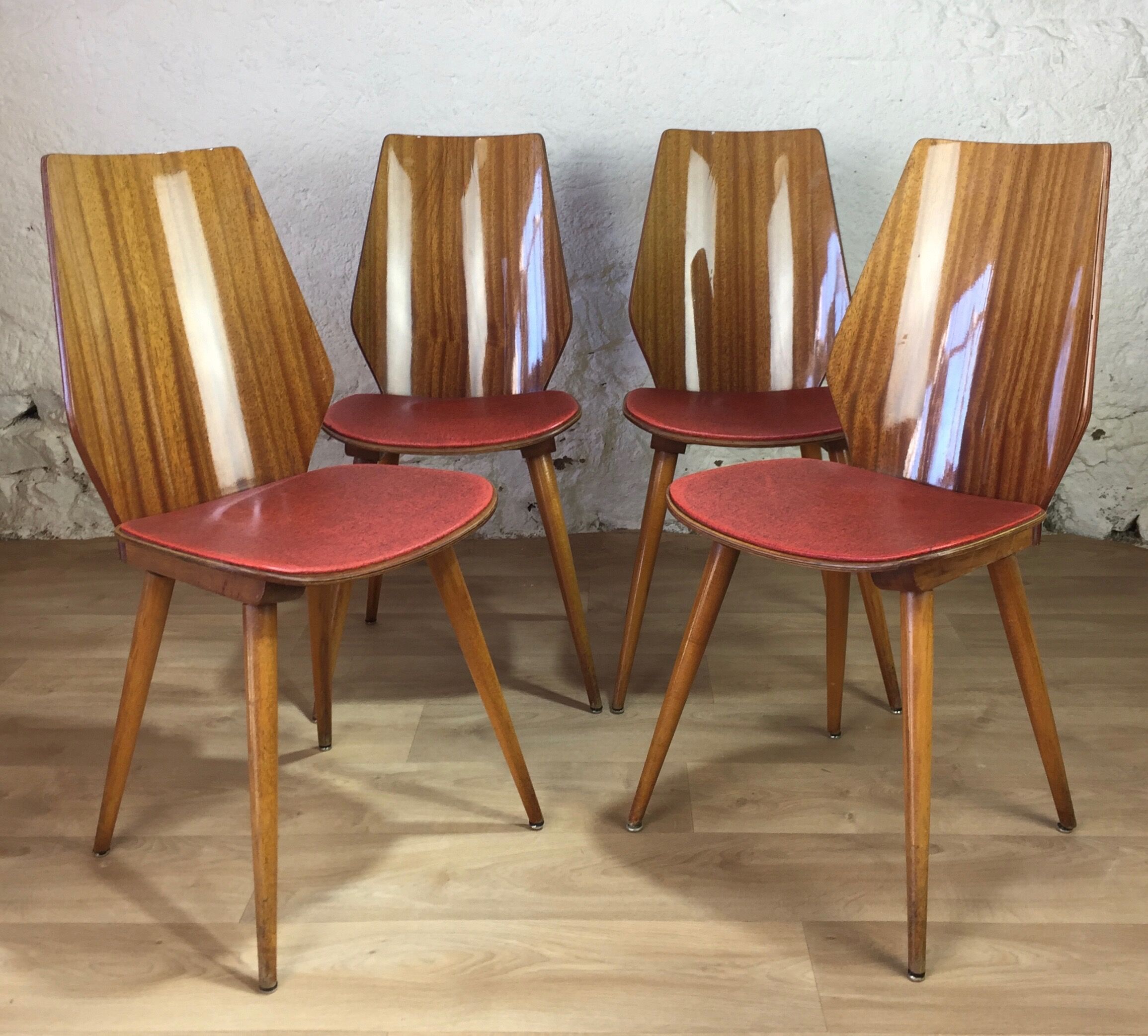 Lot of 4 chairs 1960s skai red compass feet