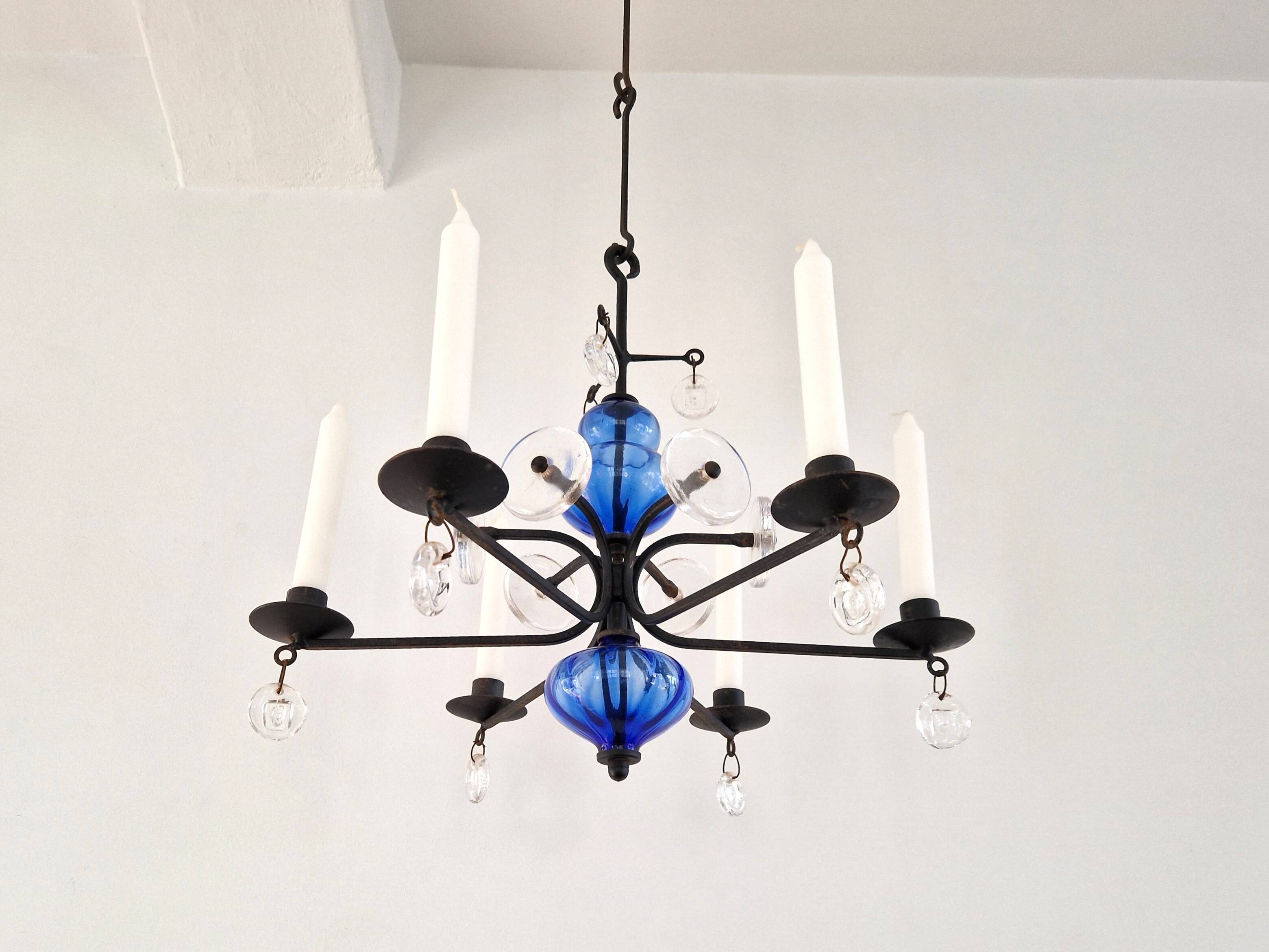 Art glass and wrought iron candelabra chandelier by Erik Höglund for Boda, Sweden 1960's