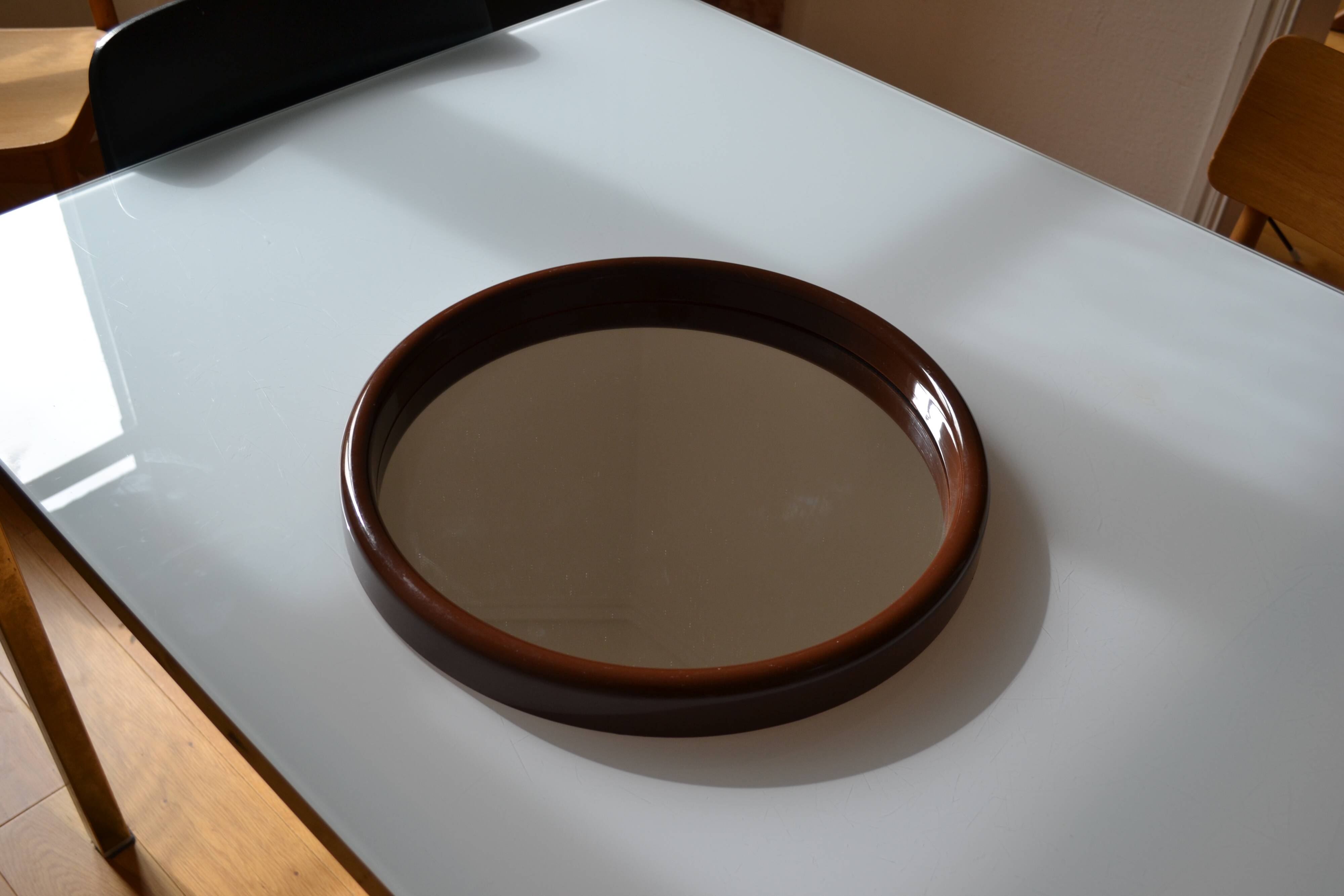 Scandinavian round mirror from the 70s brown plastic Finnmirror made in Finland