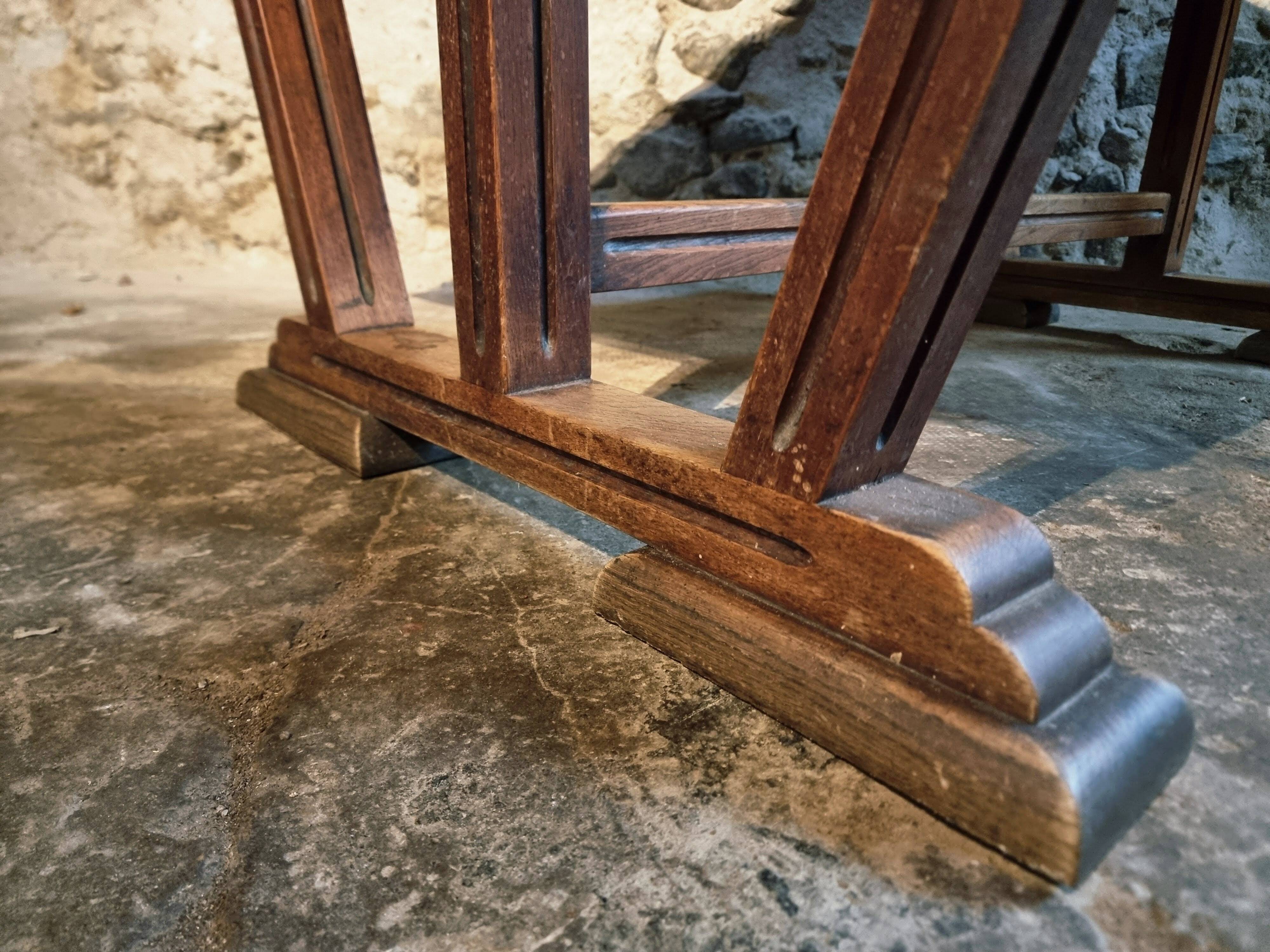 French vintage table in solid oak, Arts & Crafts style, 1930s–1940s.