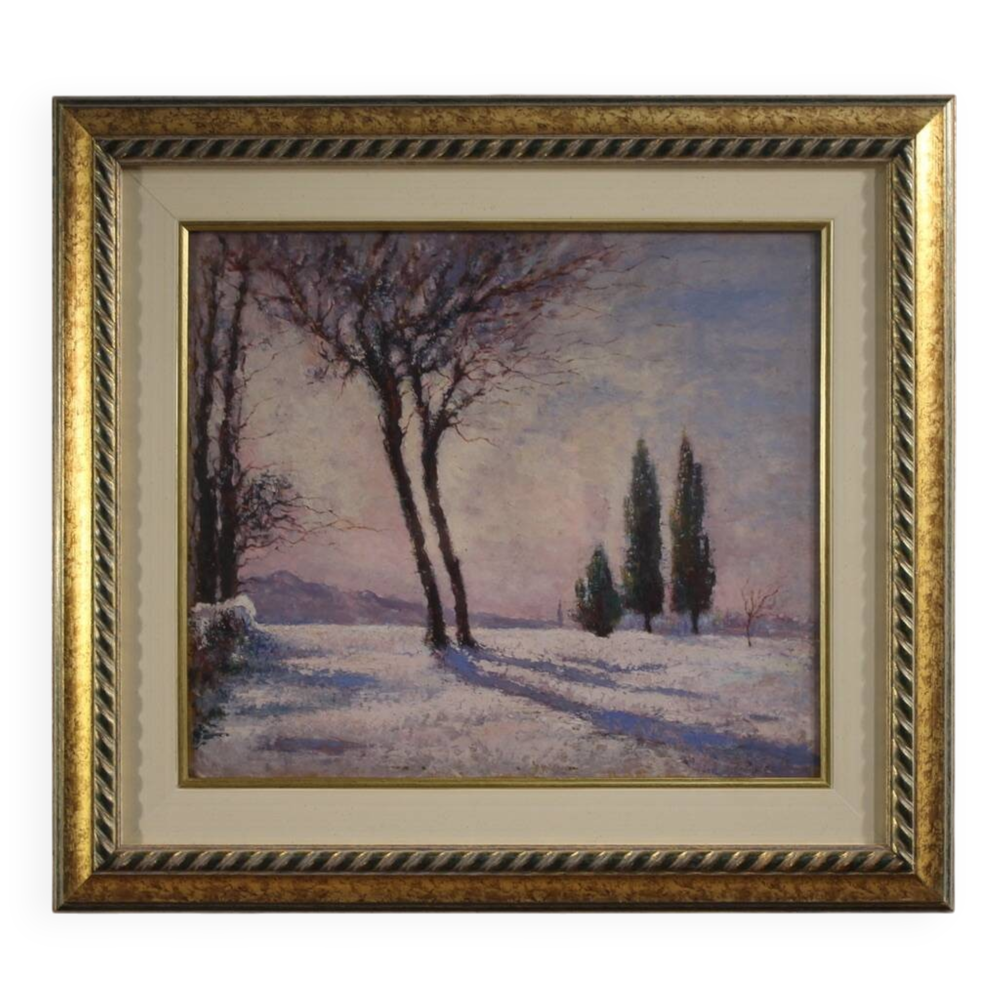 Peinture de paysage enneigé italien signée et datée de 1932.