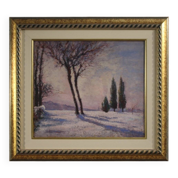 Peinture de paysage enneigé italien signée et datée de 1932.