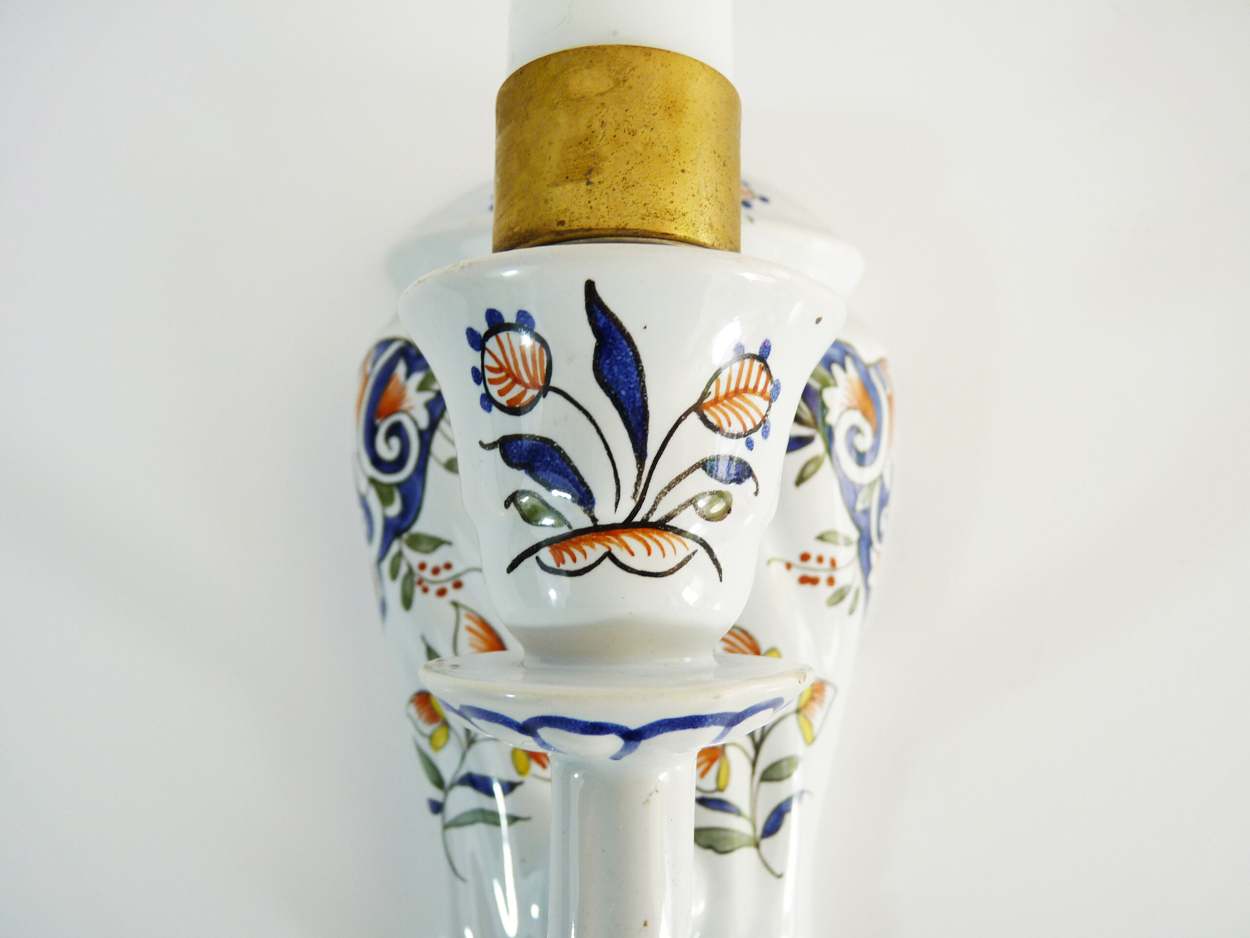 Vintage wall applique in Rouen style earthenware, glass candle
