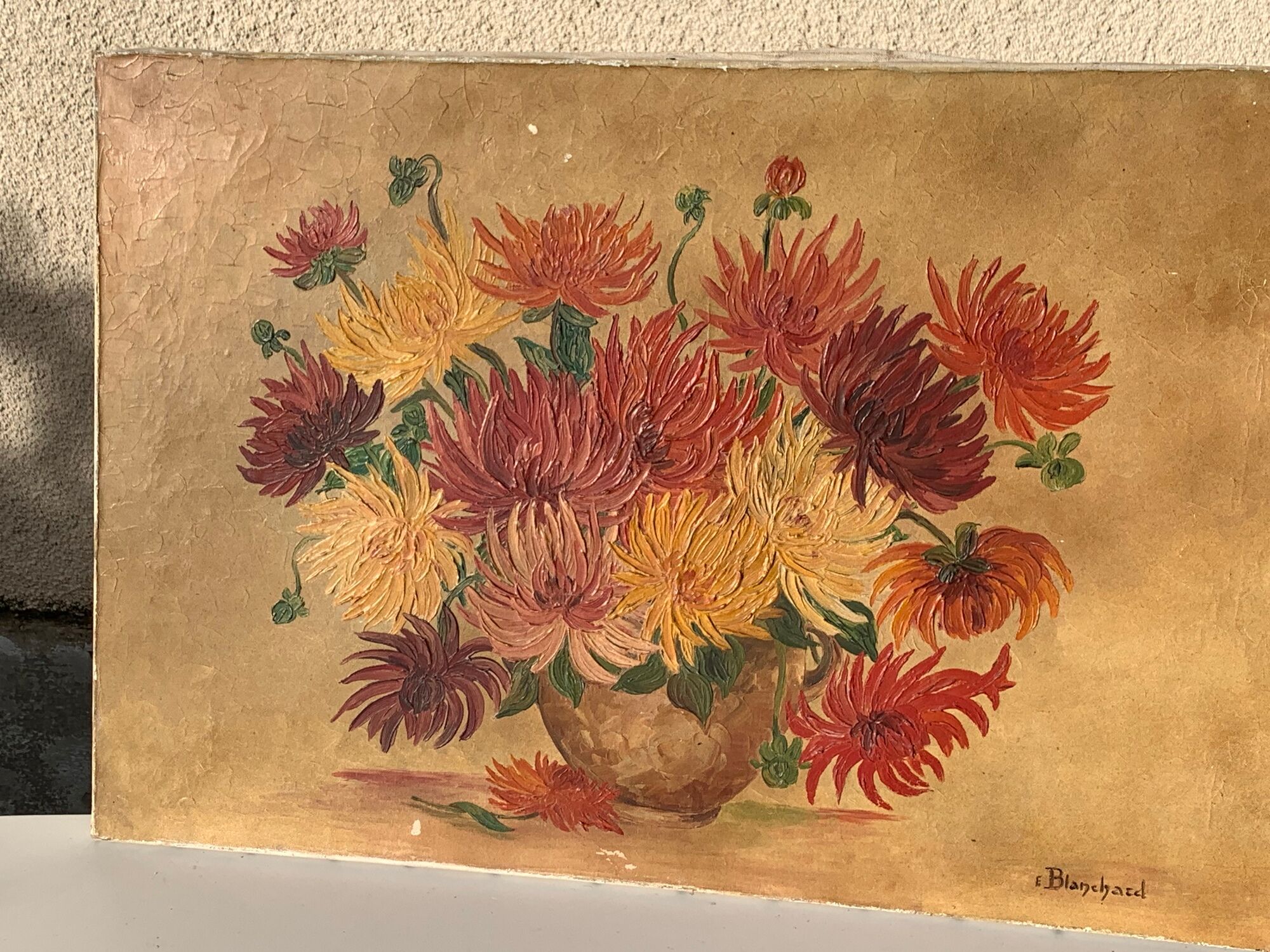 Painting the bouquet of vintage dahlias signed Blanchard