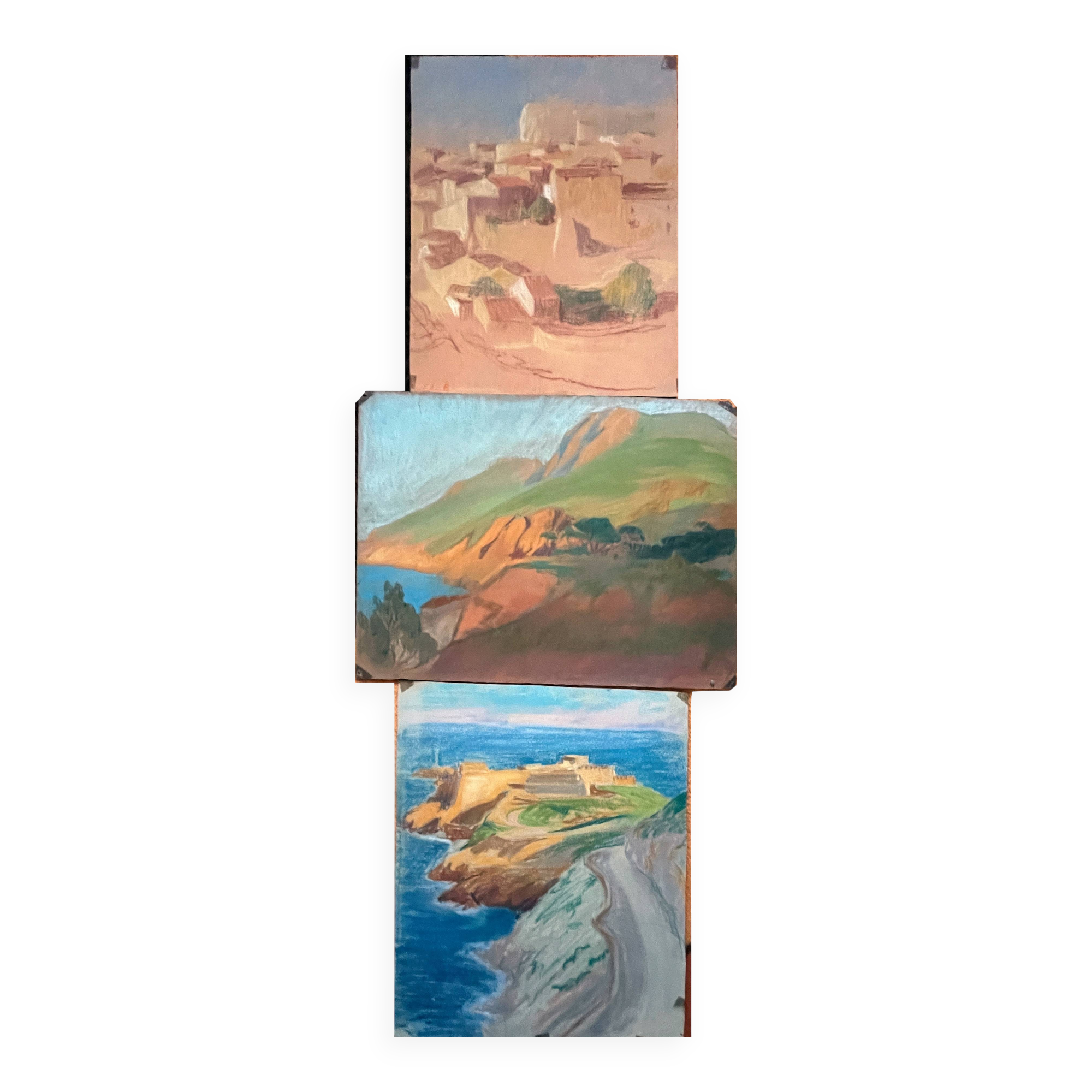 Paintings lot of 3 Pastel Ed. Pannetier (1884-1965) Orientalist Marine (?)