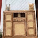 Antique sideboard renovated in solid raw oak and canework