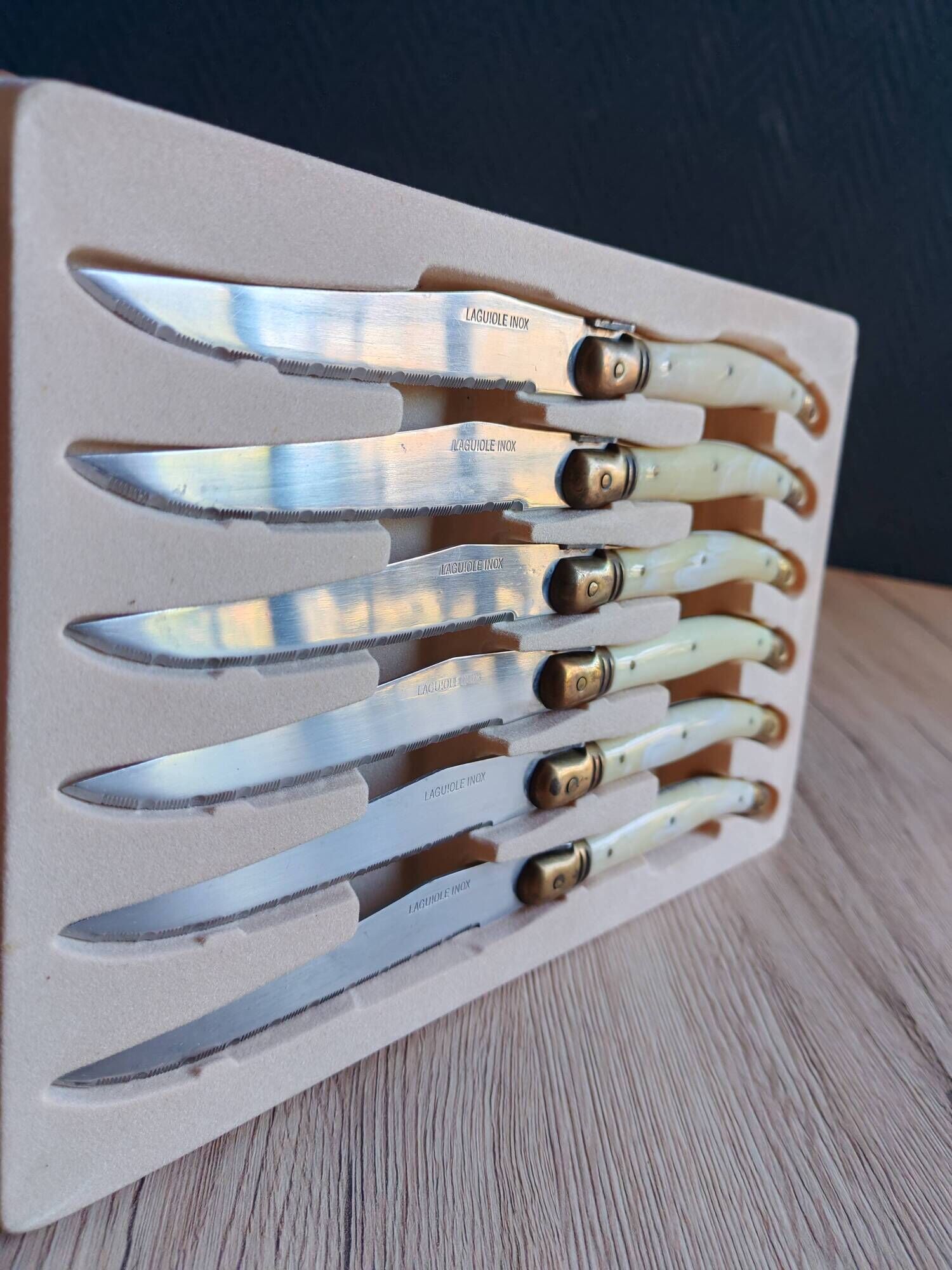 Vintage Box 6 Laguiole Table Knives Ivory Handles Gold Bolsters