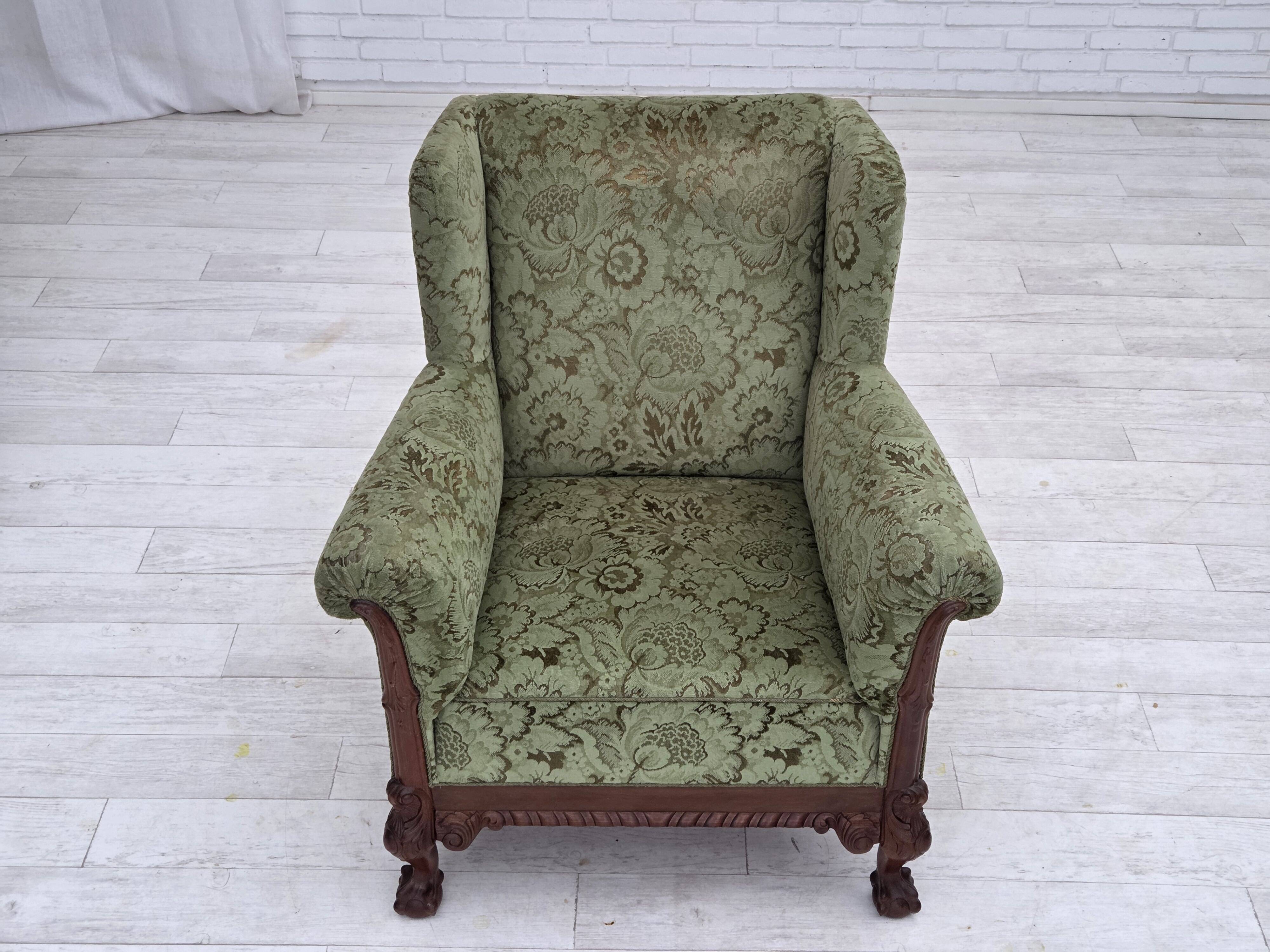 1950s, Danish relax armchair, green furniture velour, carved oak wood.