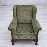 1950s, Danish relax armchair, green furniture velour, carved oak wood.