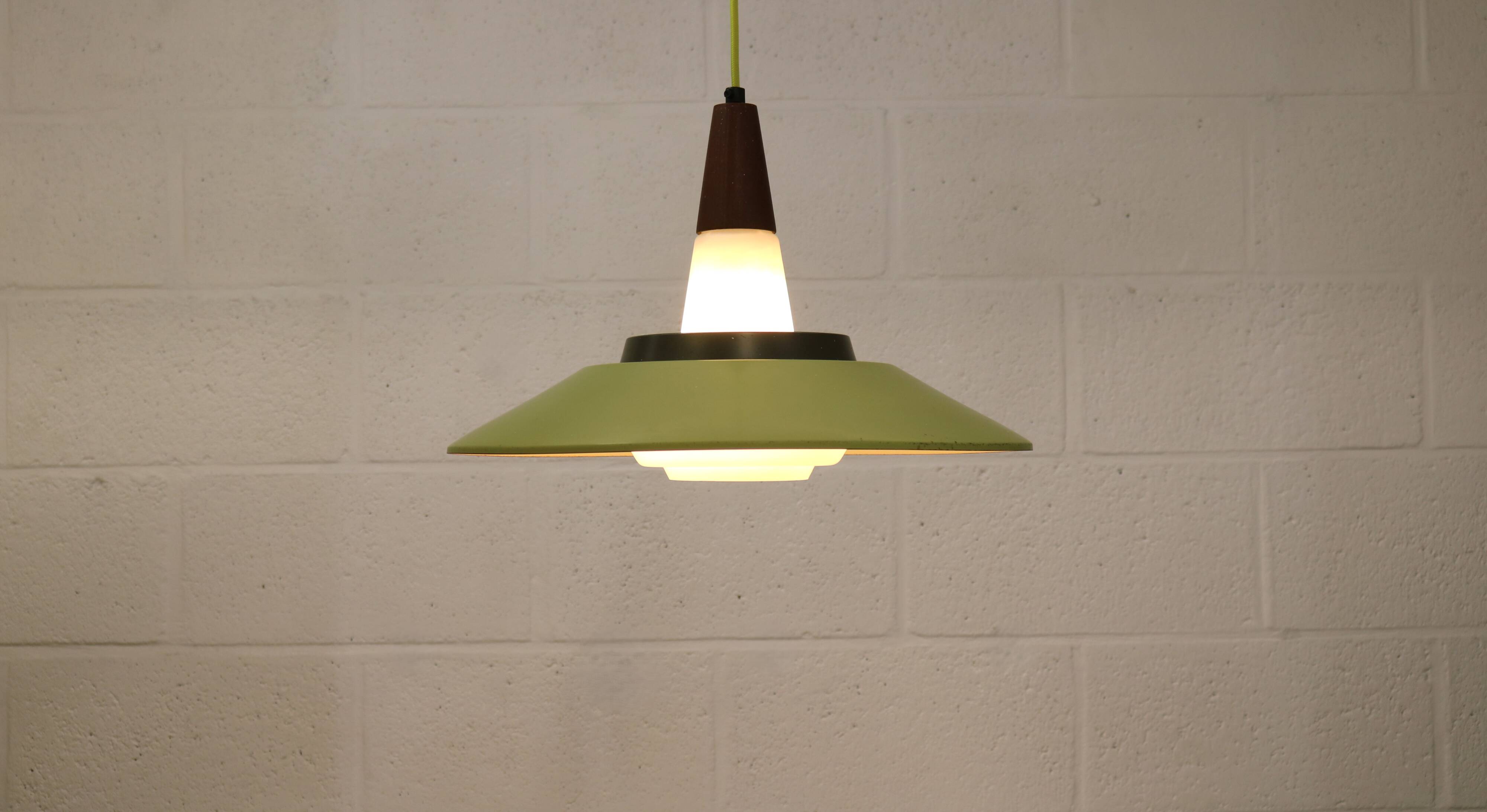 Opal glass and green aluminium shade vintage lamp by Voss Belysning - Denmark