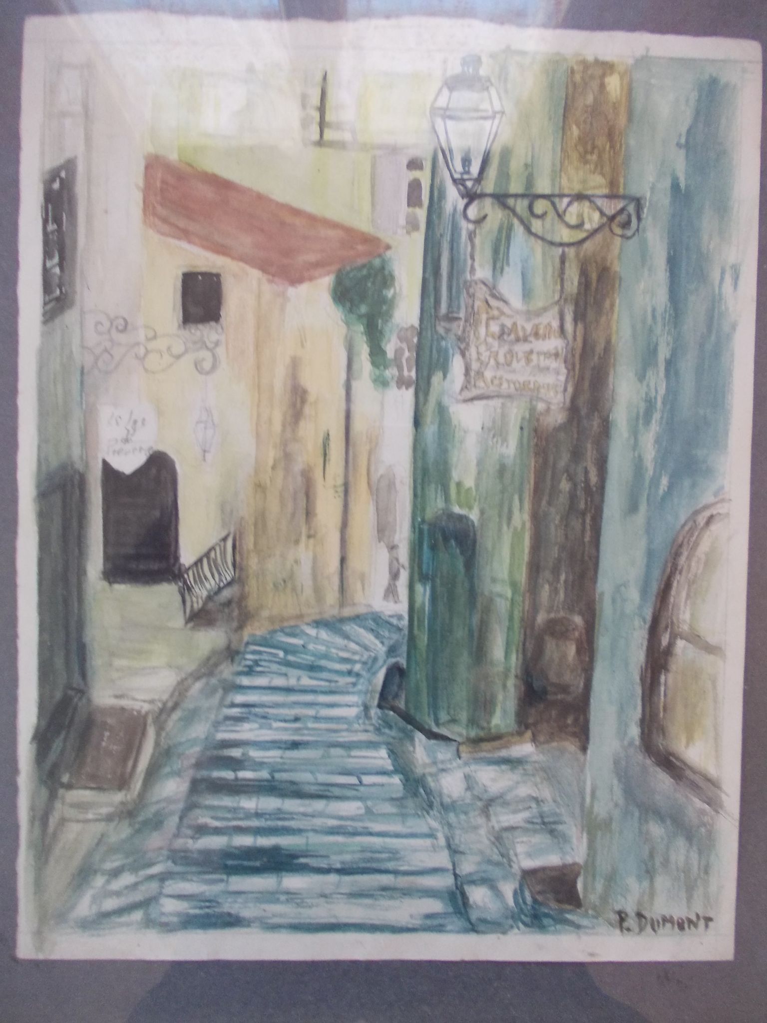 Aquarelle montée de l'eglise à st paul de vence (alpes maritimes 06) signed pierre dumont 1975, frame
