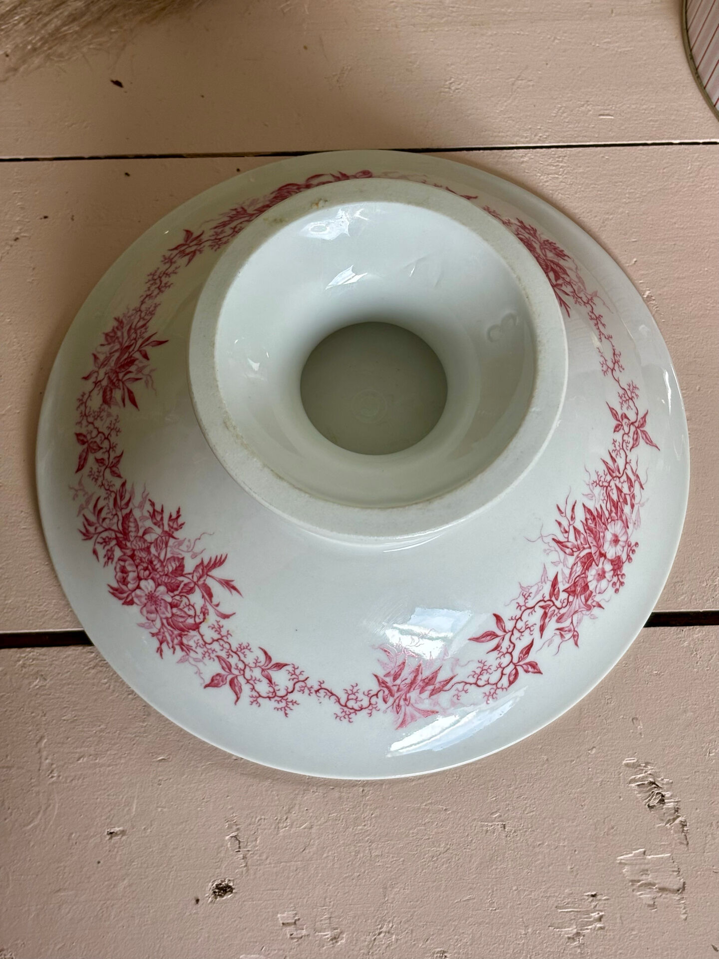 Magnificent antique compote fine porcelain with pink floral decoration.