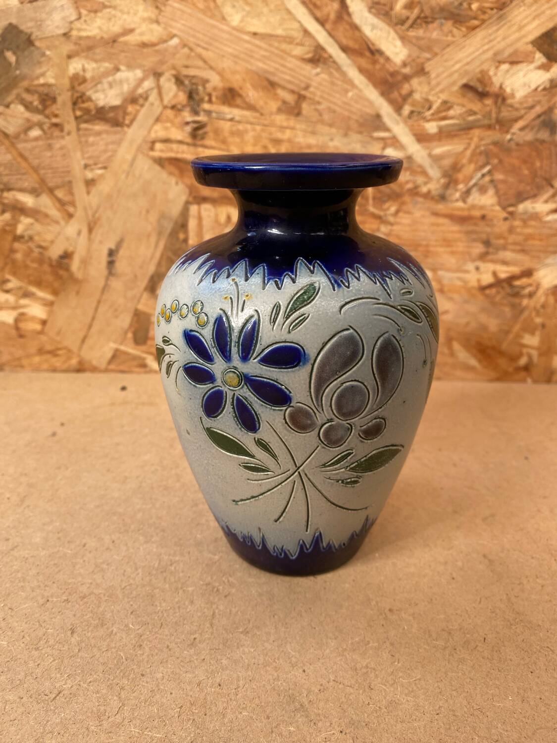 Ancien vase soliflore betschdorf schmitter grès bleu décor fleurs vintage #b647