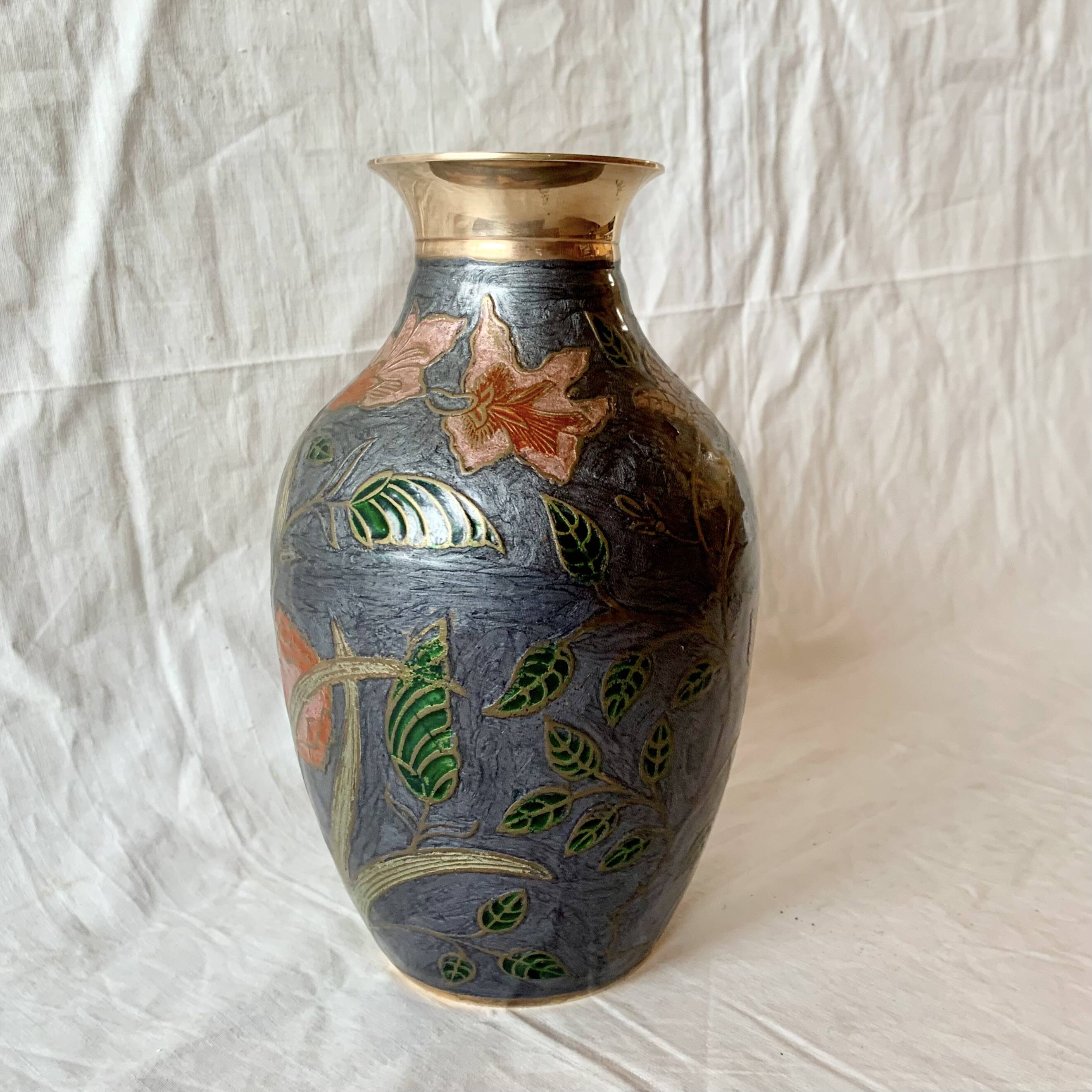 Vintage brass vase with cloisonné enamel floral decoration