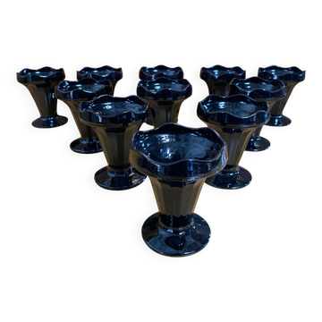 Set of 11 ice cream bowls luminarc black opaline glass france vintage