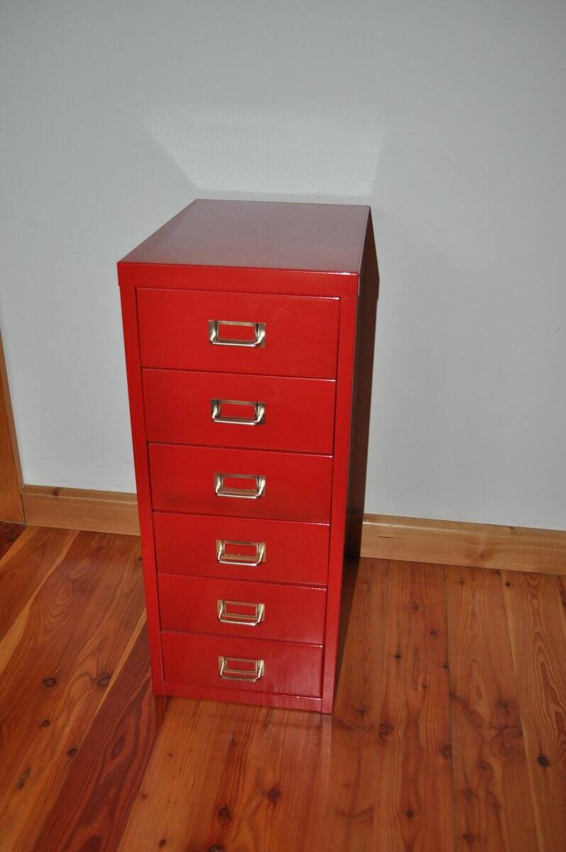 Purple industrial metal cabinet with six drawers, 1980s filing style.