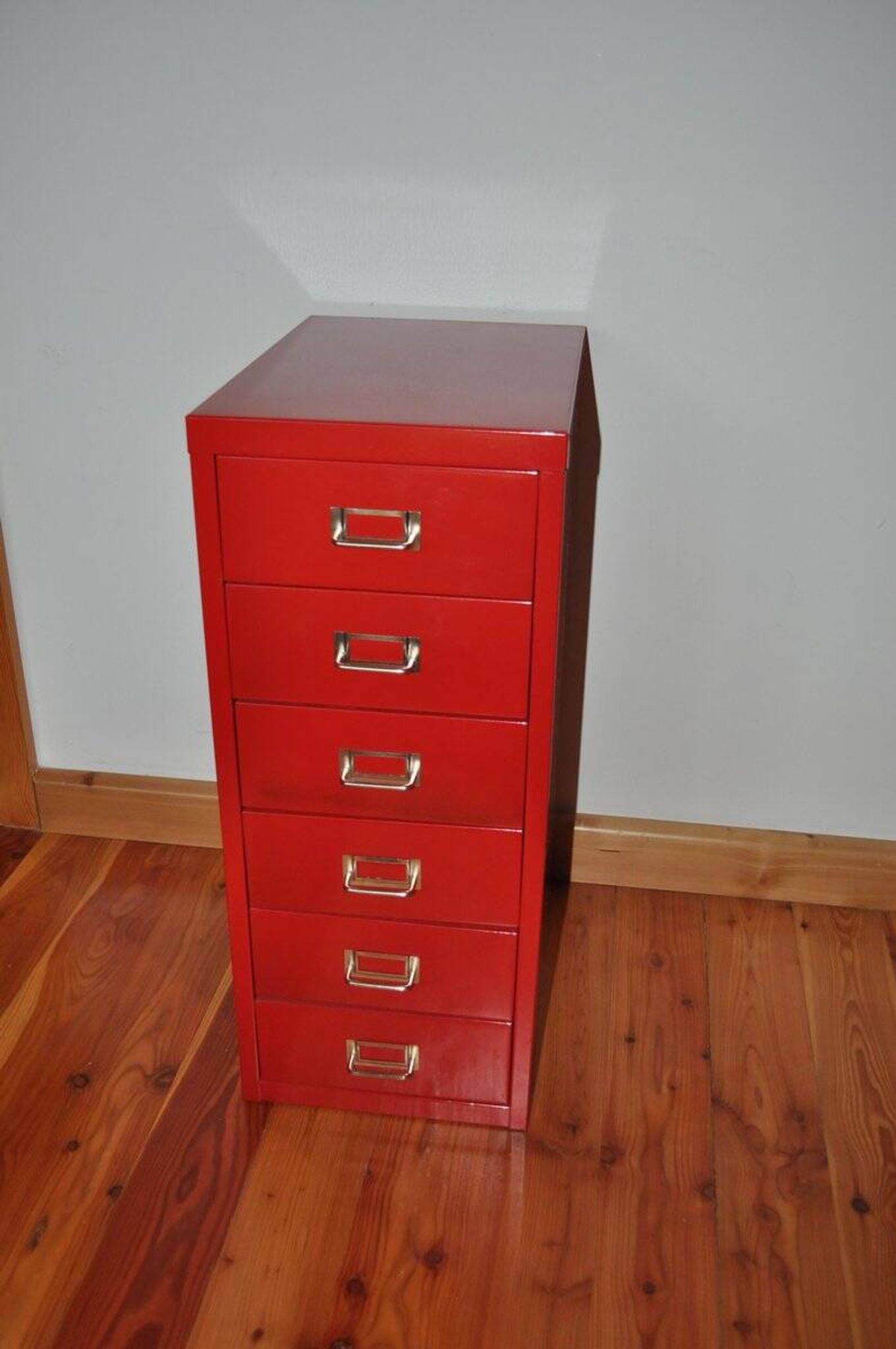 Purple industrial metal cabinet with six drawers, 1980s filing style.