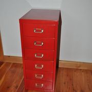 Purple industrial metal cabinet with six drawers, 1980s filing style.