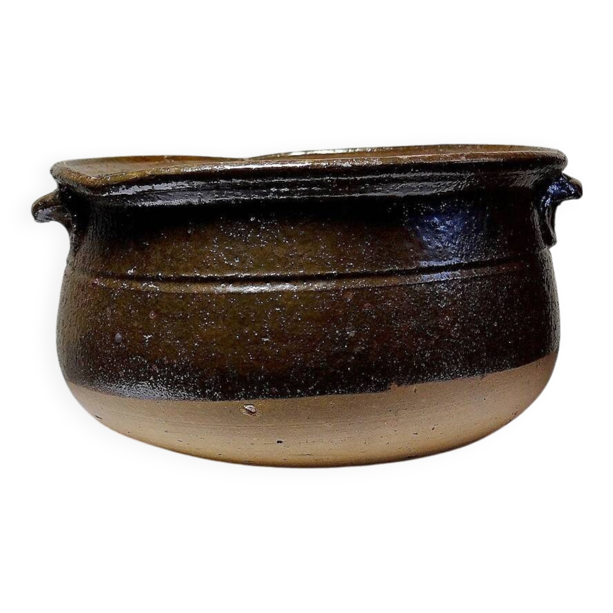Antique 20th century enamelled Puisaye stoneware pot/bowl with ears
