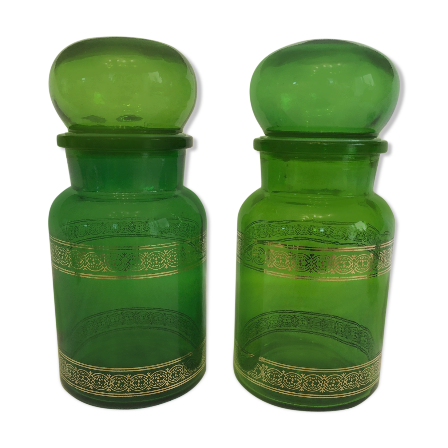2 jars of green glass apothecary and 1970s gilding