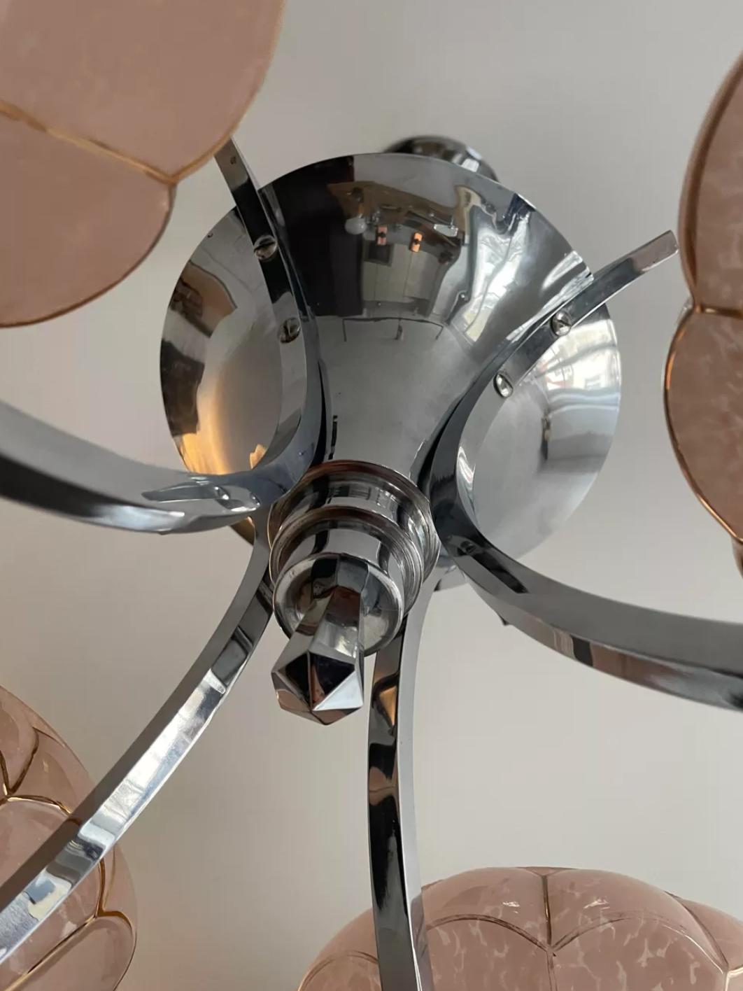 Vintage art deco chandelier, chrome and pink glass, vintage 1930