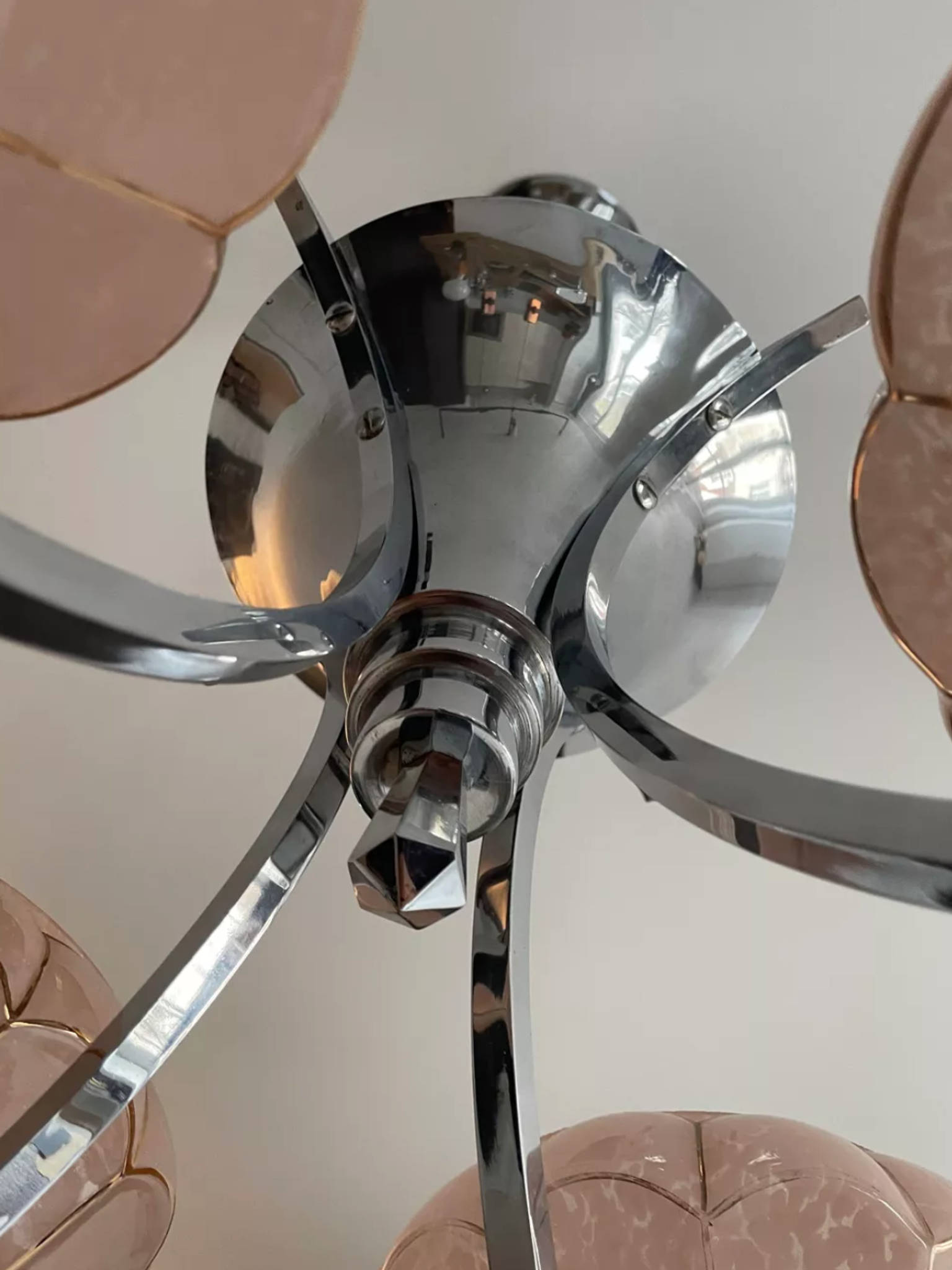 Vintage art deco chandelier, chrome and pink glass, vintage 1930