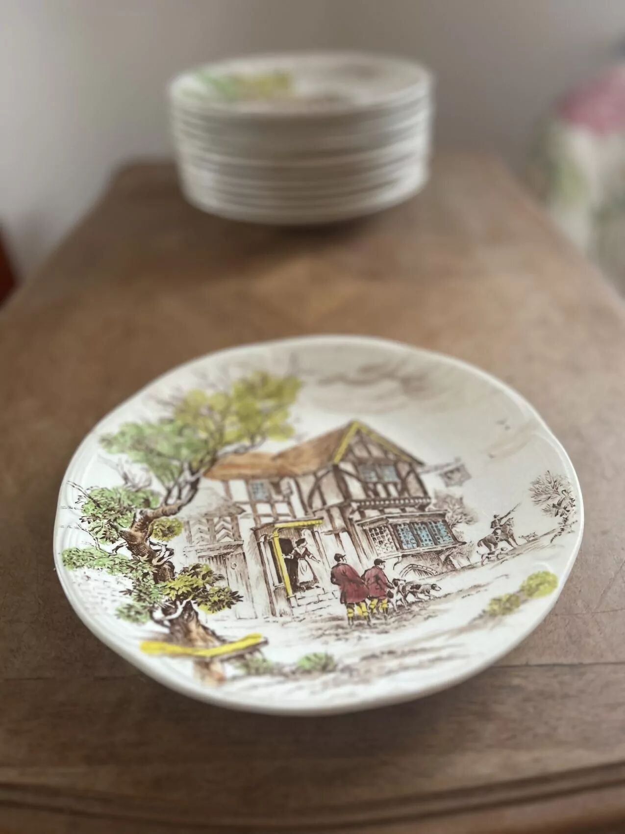 Set of 12 flat plates in Gien earthenware, Ludlow model, chic countryside dining.