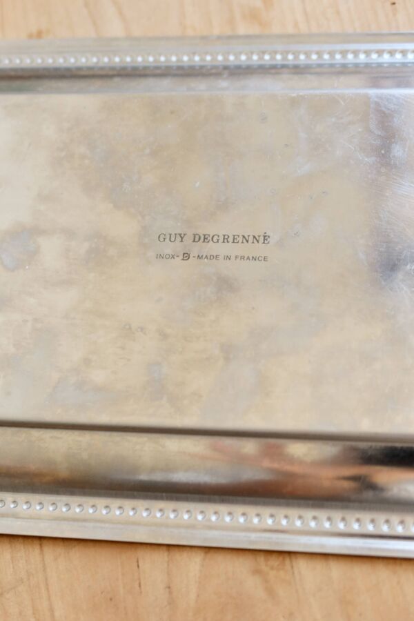 Plateau rectangulaire vintage Guy Degrenne métal argenté bord perlé