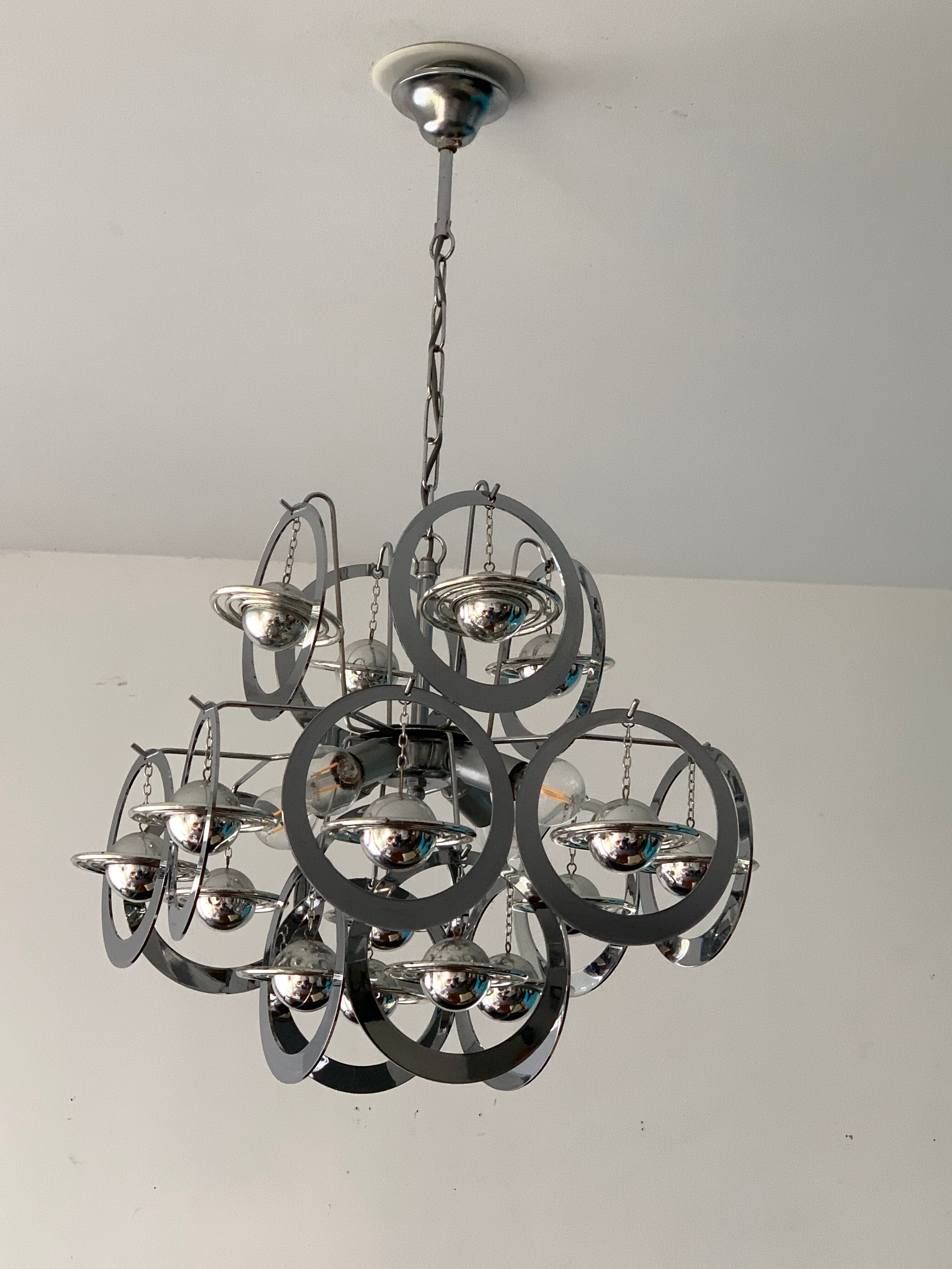 Italian design pendant lamp or chandelier, 16 planets Saturn, space age, 1970