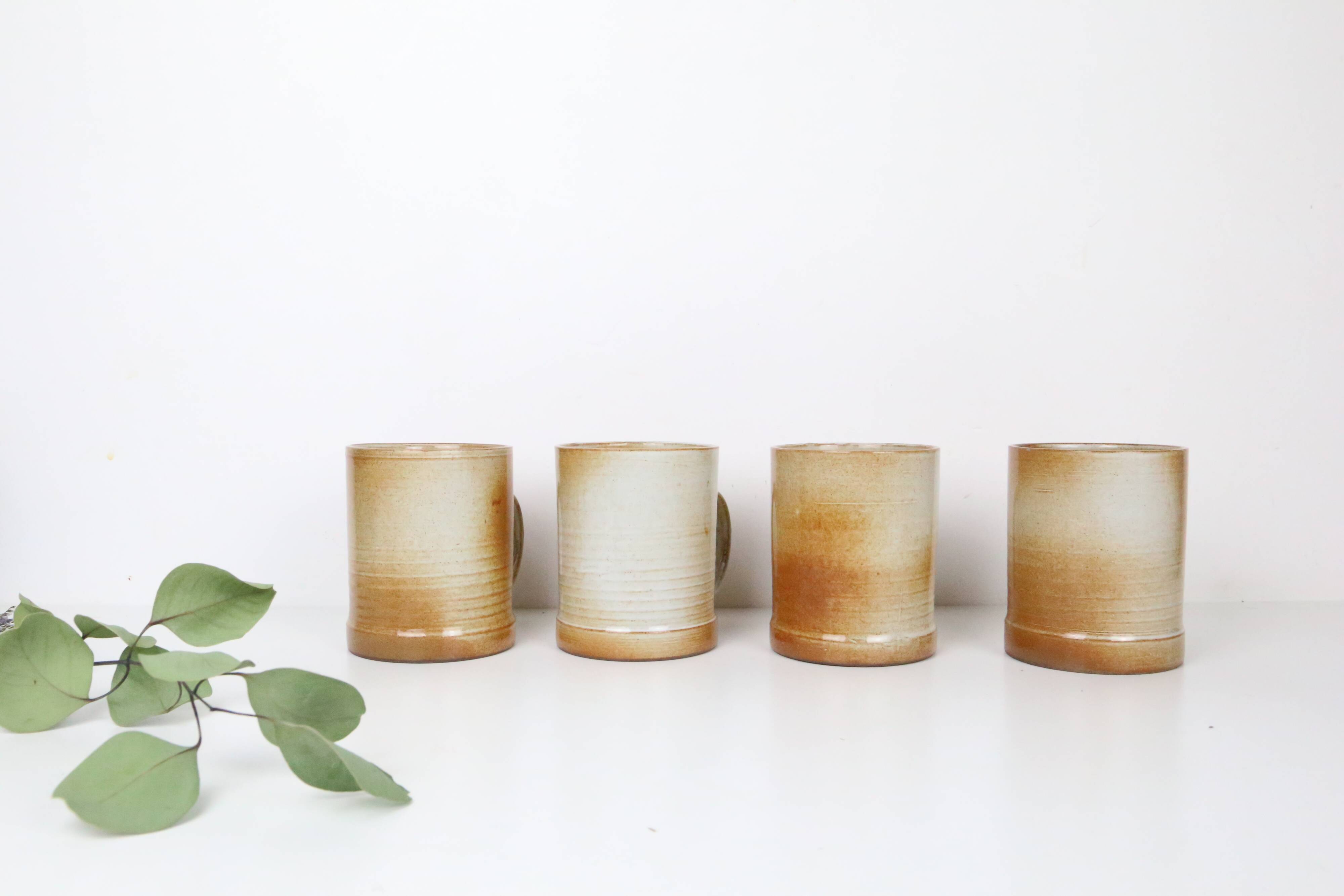 Set of 4 stoneware mugs, artisanal pottery, 1980