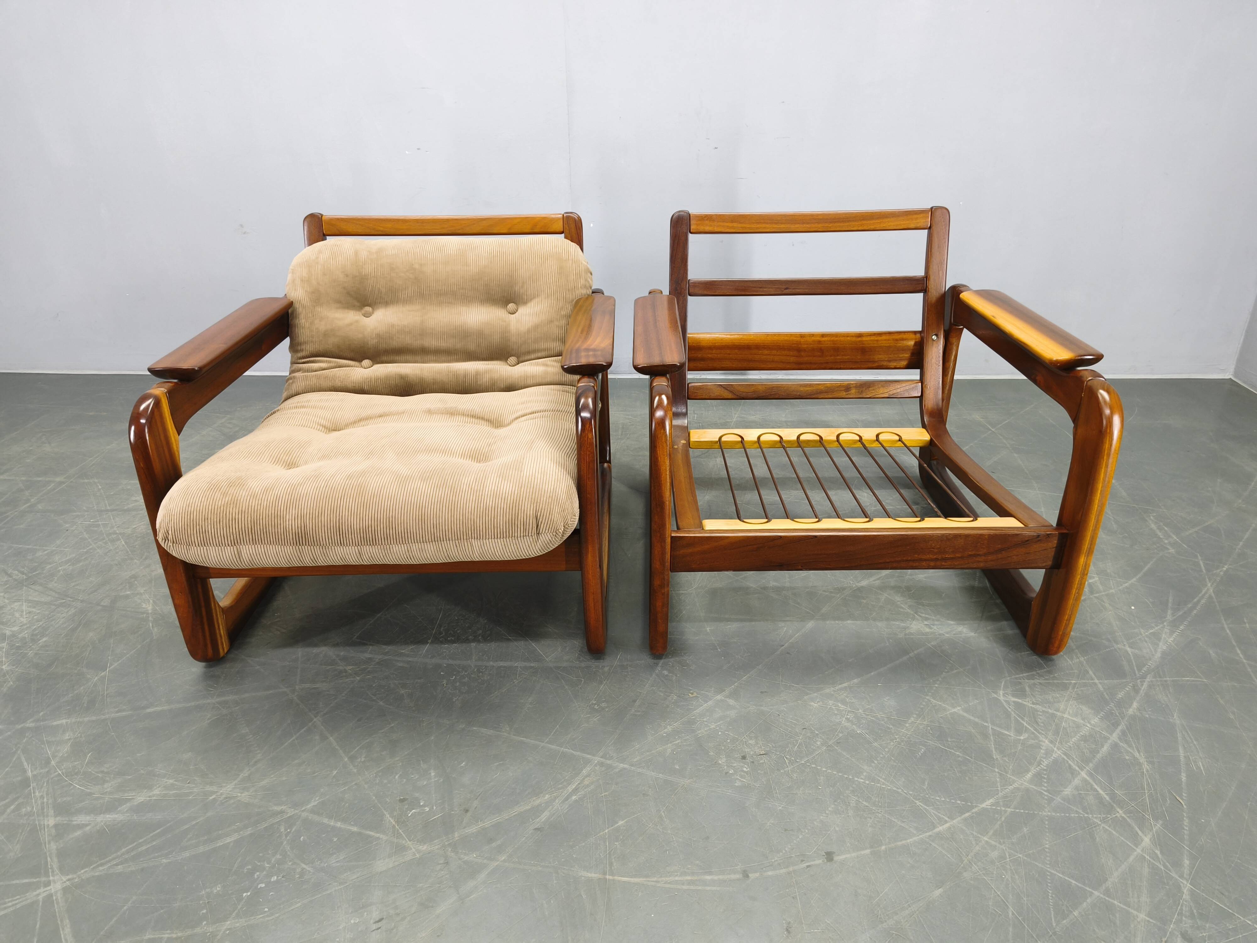Pair of 1970s Scandinavian lounge chairs, upholstered in corduroy.