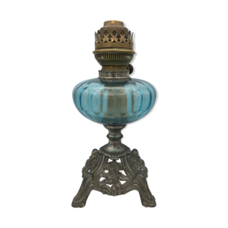 Regulated kerosene lamp foot baroque style blue glass bowl