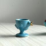 2 coquetiers en céramique bleue, coq et poussin