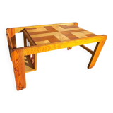 Pine coffee table, 1970s marquetry top, vinyl record rack.
