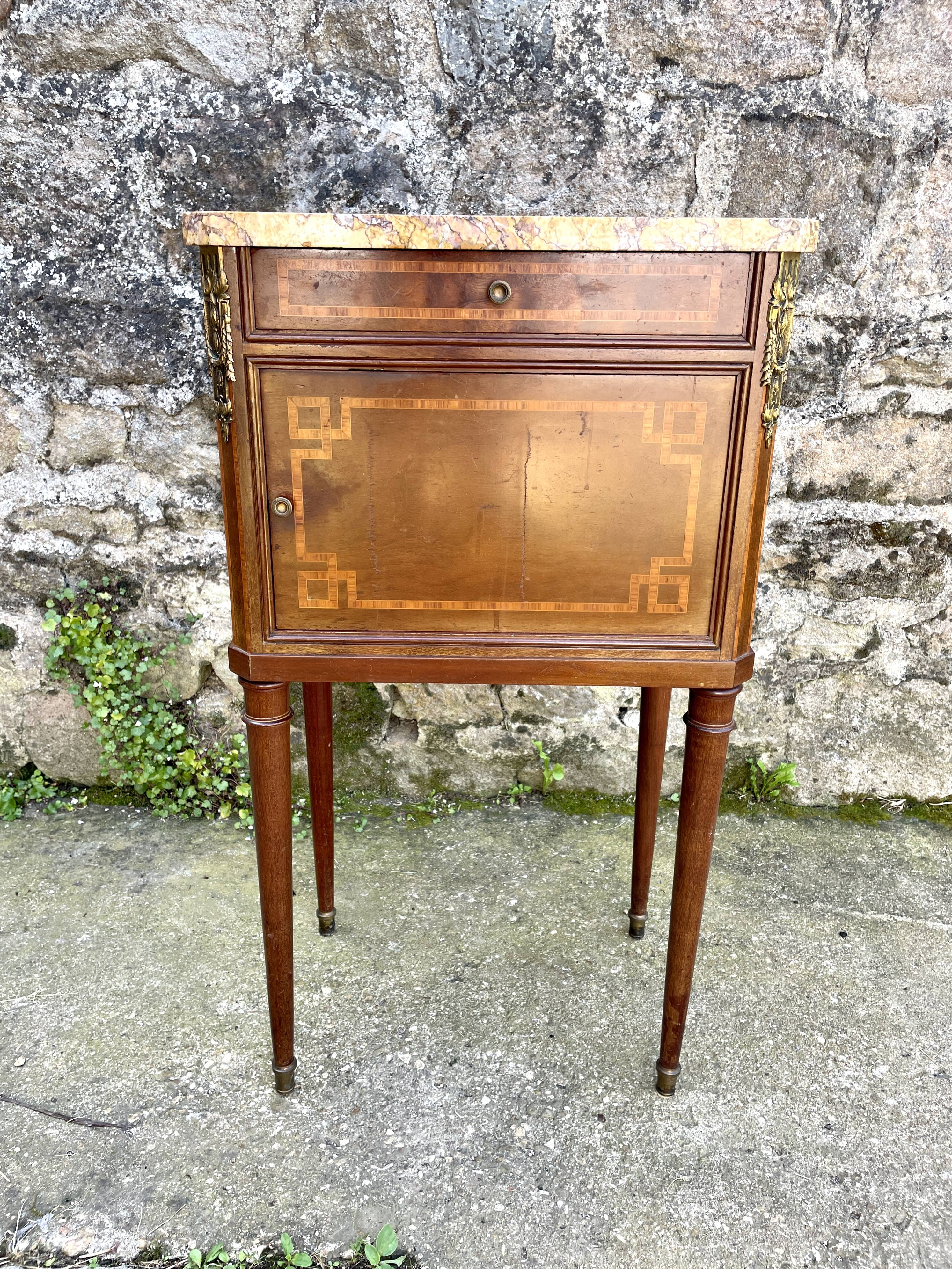 Louis XVI style bedside table in bronze, marble and ceramic