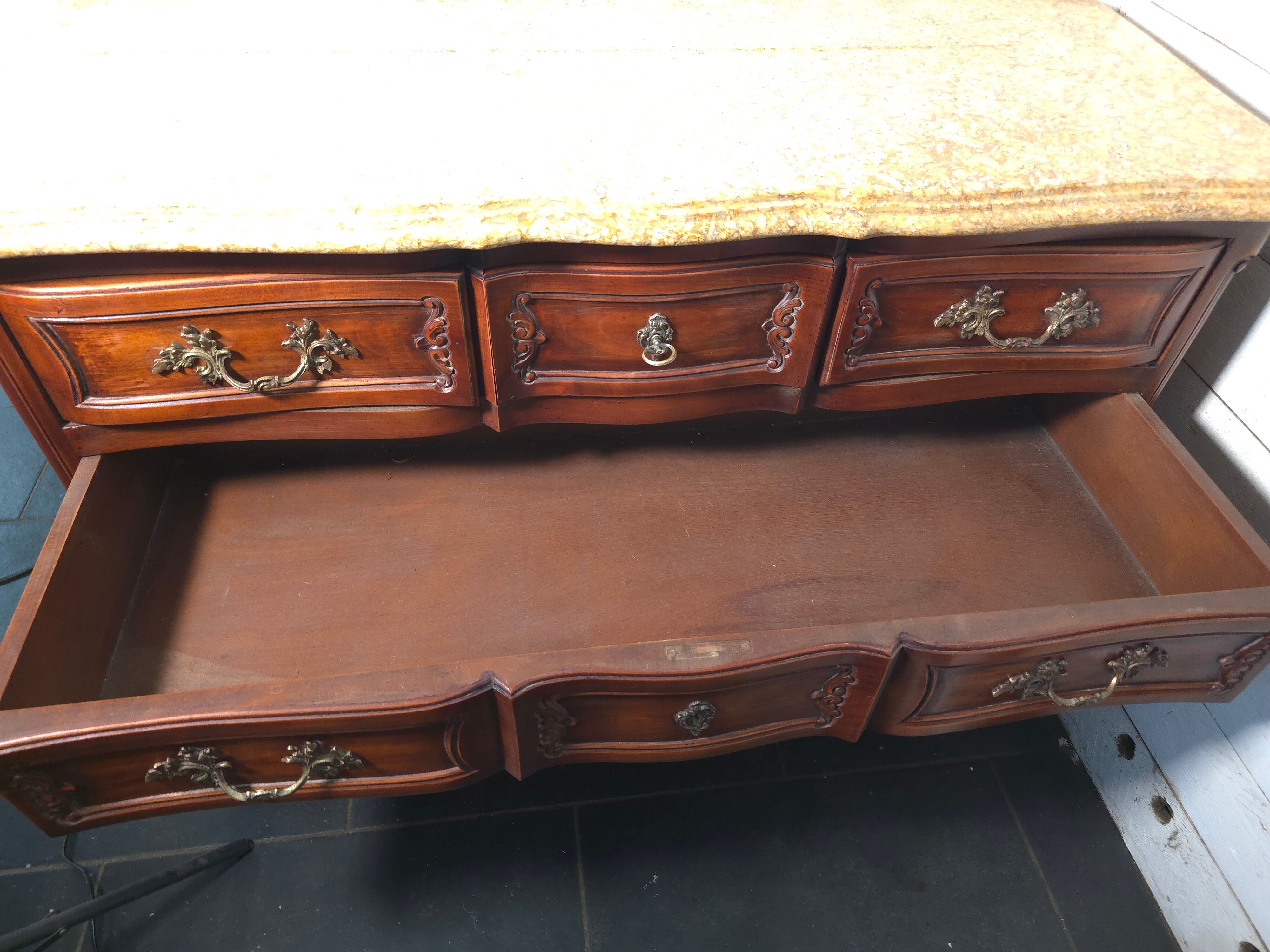 Crossbow commode in solid cherry wood, Louis XV style with marble top.