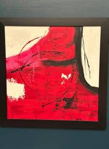 Large Original Swedish Oil on Canvas – “Red Composition” by AMH – Signed – Vintage & Framed