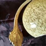 Art deco sconce, golden brass and yellow speckled Clichy glass globe