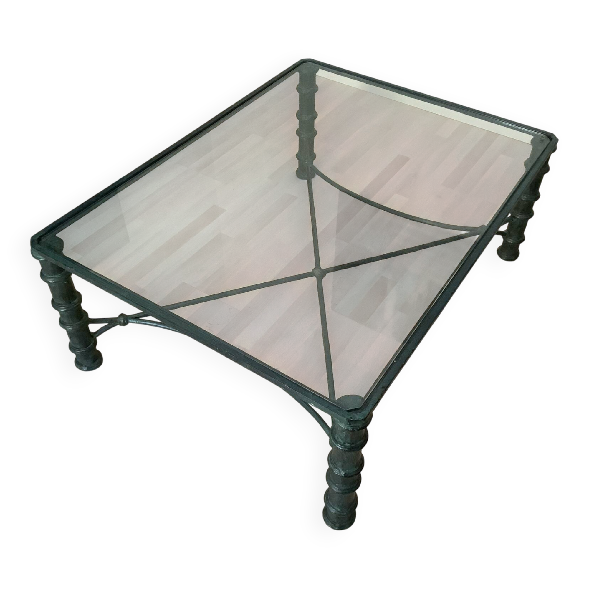 Table vintage en fer forgé et plateau en verre trempé