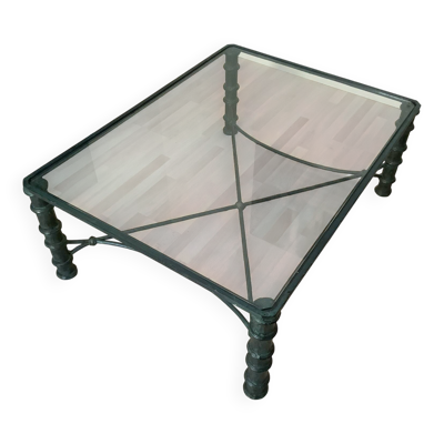 Table vintage en fer forgé et plateau en verre trempé