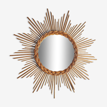 Vintage rattan sun mirror, 59 cm