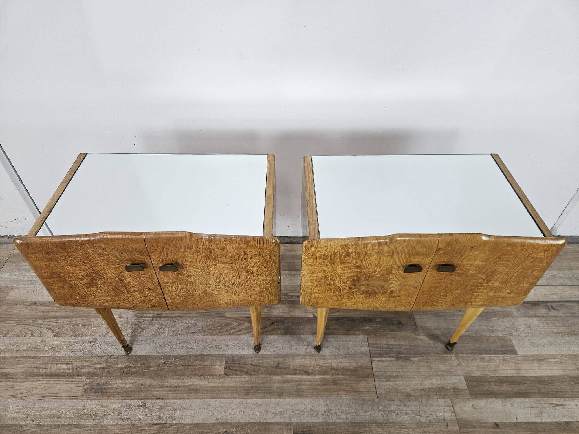Pair of 1950s maple nightstands with mirrored tops
