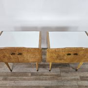 Pair of maple bedside tables from the 1950s with mirrored tops.