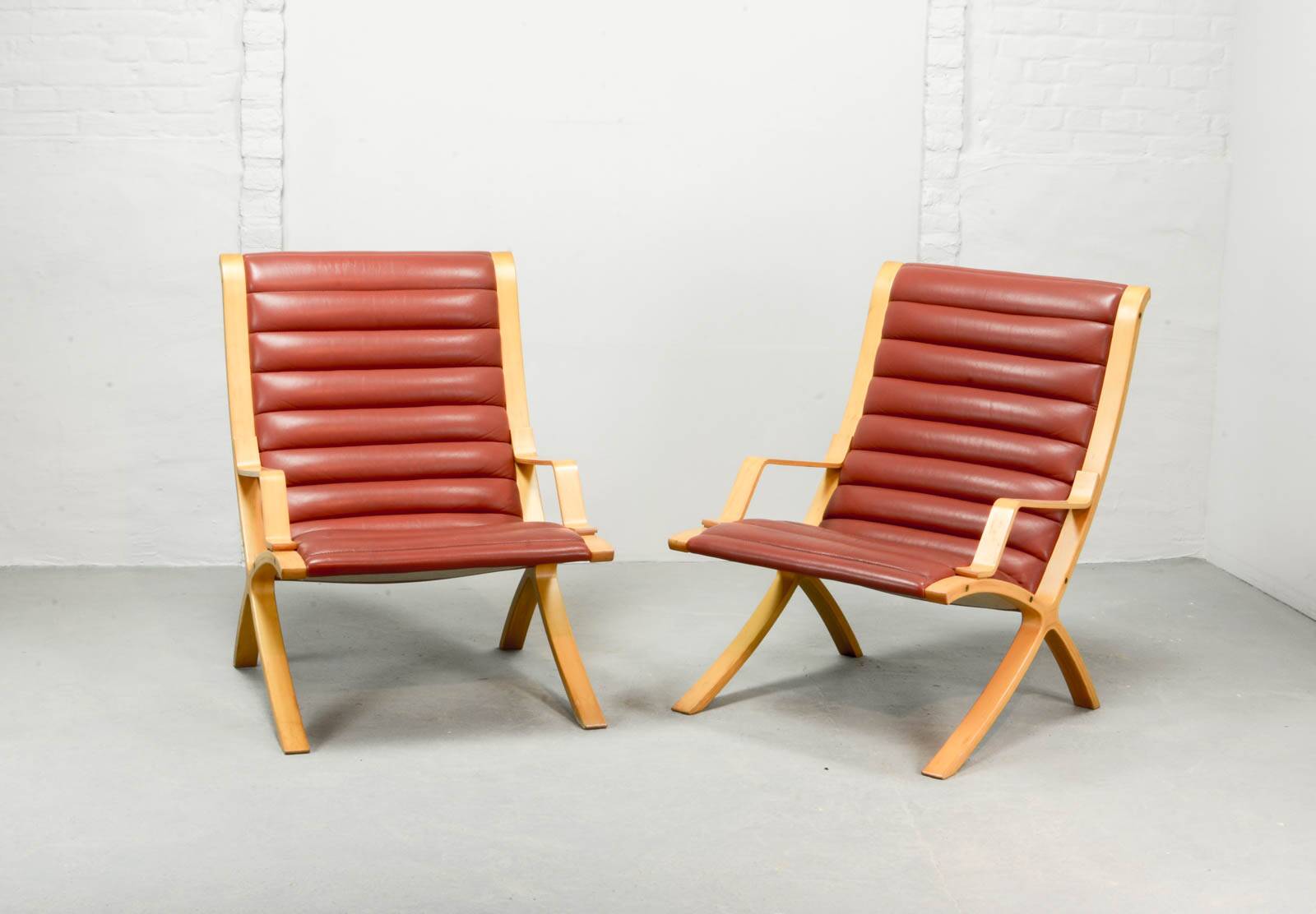 Padded Red Leather High Back AX Lounge Chairs by Hvidt and Molgaard Nielsen
